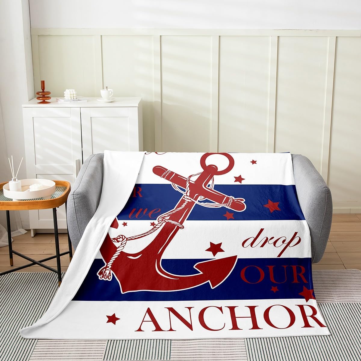 Navy Blue White Blanket Throw Size, Red Nautical Anchor Bed Blanket, Geometric Striped Stars Fleece Blanket, Coastal Ocean Adventure Theme Sherpa Blanket, Vintage Style Flannel Blanket Room Decor