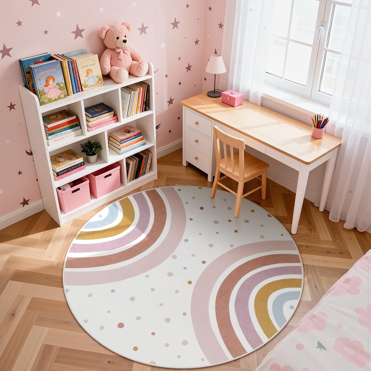 STARUIA Round Rainbow Nursery Rug, 5 Ft Washable Kids Rug for Playroom, Non-Slip Colorful Rugs for Classroom, Large Princess Rugs Soft Girls Bedroom Carpet for Kids Room Reading Nook