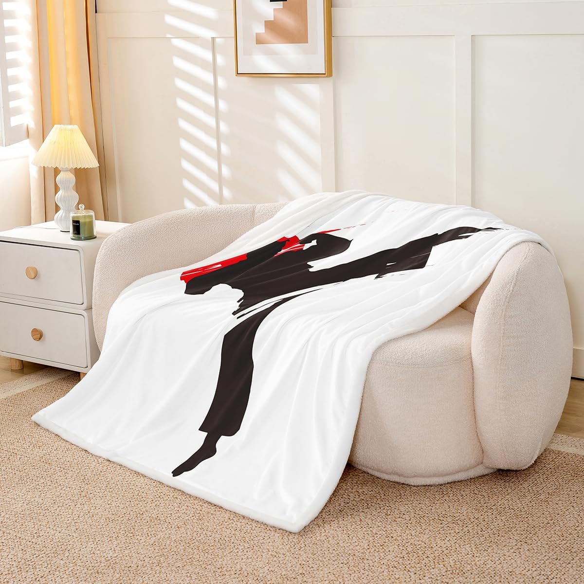 Japanese Style Sherpa Blanket Taekwondo Design Fleece Throw Blanket Black White Red Warm Plush Blanket for Sofa Couch Kids Japanese Sports Fuzzy Blanket Room Decor Throw 50"x60"