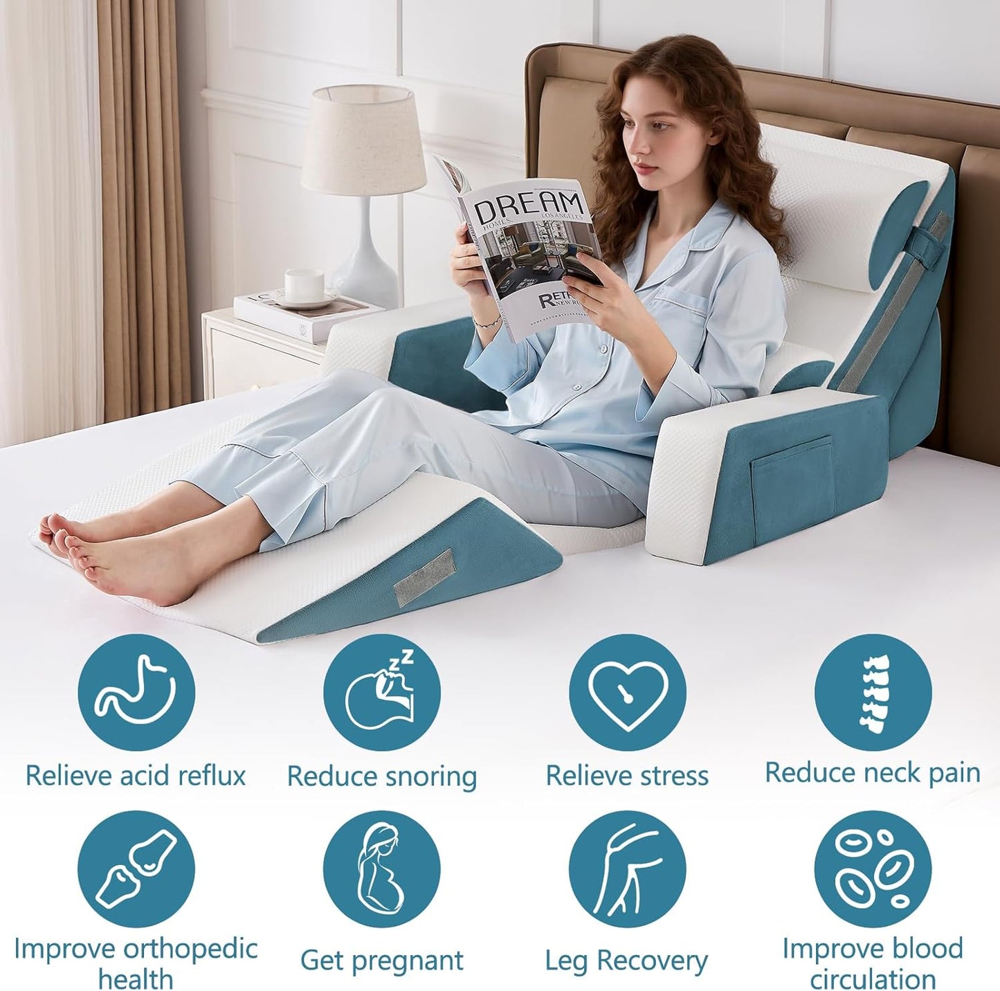 9PCS Wedge Pillow Set for After Surgery Recovery, Adjustable Memory Foam Neck Pillow, Foam Leg Pillow, Relieves Neck, Leg Pain, Sleep Apnea, and Functions as a Reading Pillow Blue
