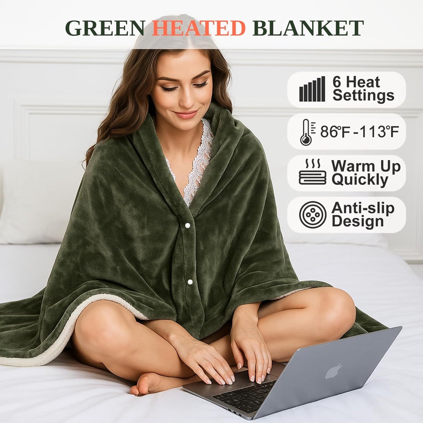 Electric Heated Throw Blanket Sherpa 50"x60" Green Machine Washable 6 Heat Settings 4 Hours Auto Off Overheat Protection for Home Office Use