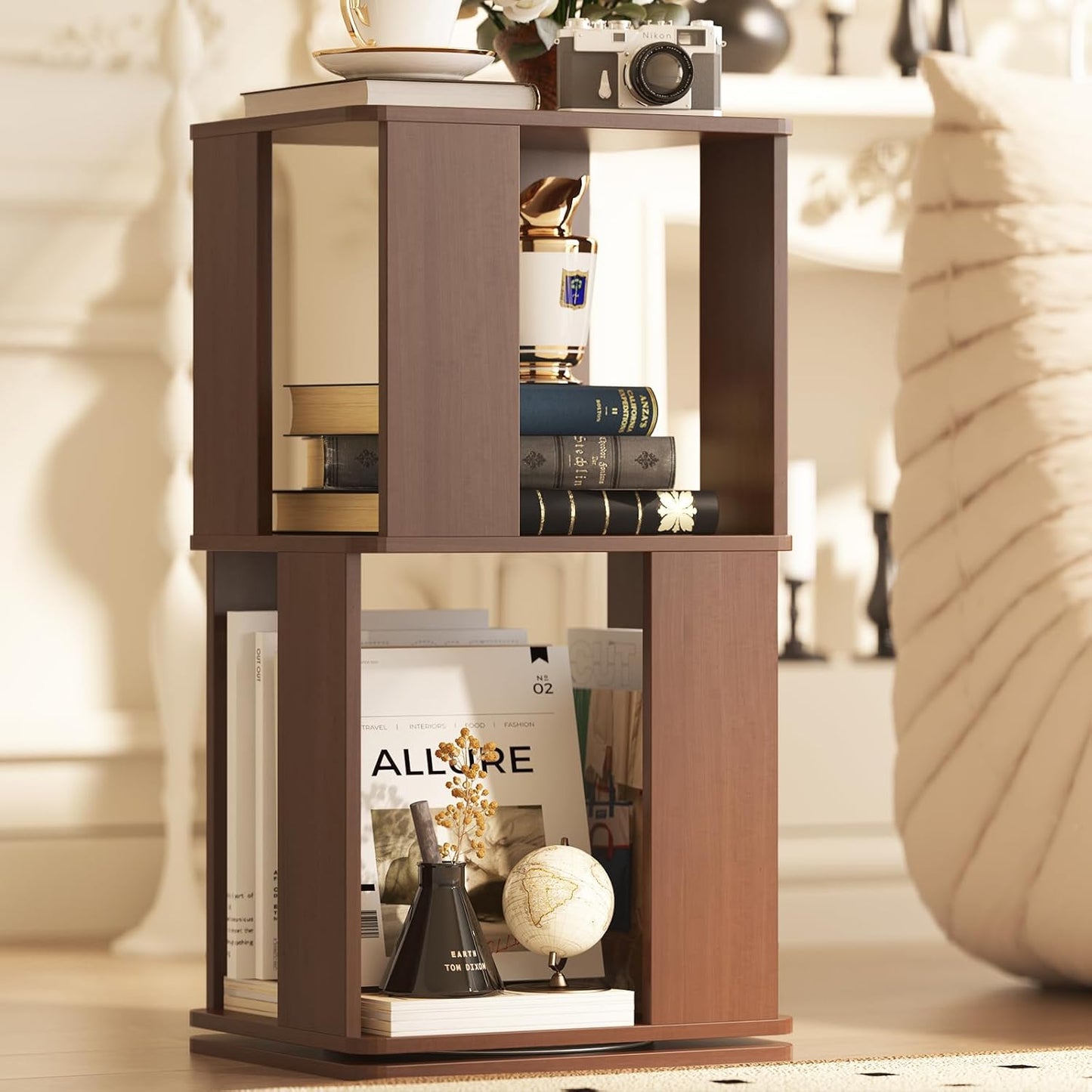 Easyego 2 Tier Solid Wood Rotating Bookshelf, 360° Upgrade Spinning Book Shelf, Revolving Bookcase Organizer, Swivel Bookshelves for Small Spaces, Corner, Bedroom, Kids Room, Office (Walnut)