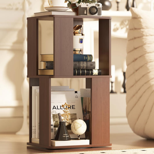 Easyego 2 Tier Solid Wood Rotating Bookshelf, 360° Upgrade Spinning Book Shelf, Revolving Bookcase Organizer, Swivel Bookshelves for Small Spaces, Corner, Bedroom, Kids Room, Office (Walnut)