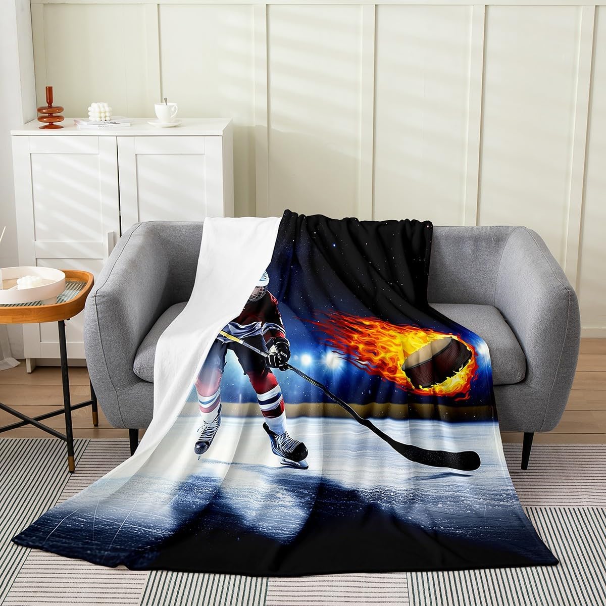 Boys Ice Hockey Fleece Blanket Kids Ice Hockey Player Flannel Blanket All Season 40x50 Inch Teens Winter Sports Game Flannel Blanket Young Man Fire Hockey Puck Fuzzy Blanket Sofa Bed Couch Decor