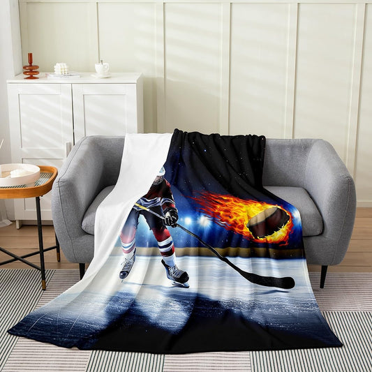 Boys Ice Hockey Fleece Blanket Kids Ice Hockey Player Flannel Blanket All Season 40x50 Inch Teens Winter Sports Game Flannel Blanket Young Man Fire Hockey Puck Fuzzy Blanket Sofa Bed Couch Decor