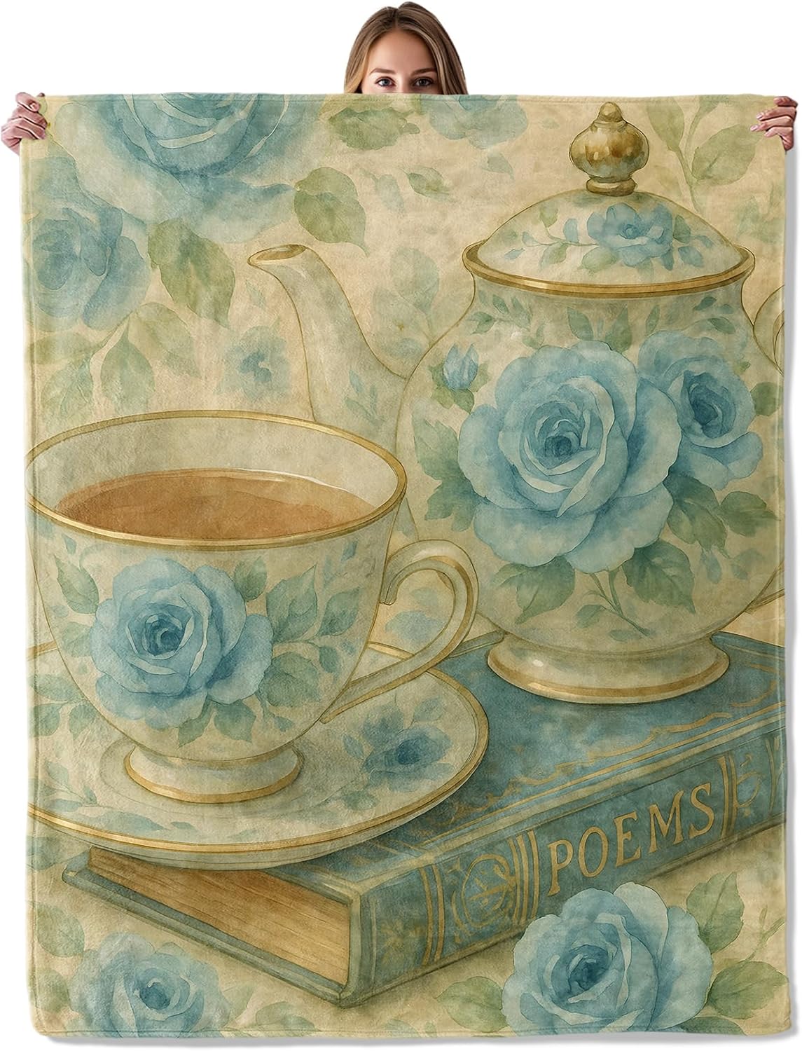 Vintage Tea Time Blue Rose Teacup Throw Blanket for Adutls Kids, 50x60 in, Cozy Soft Warm Fleece Blankets Gifts for Couch, Camping, Hiking Decor