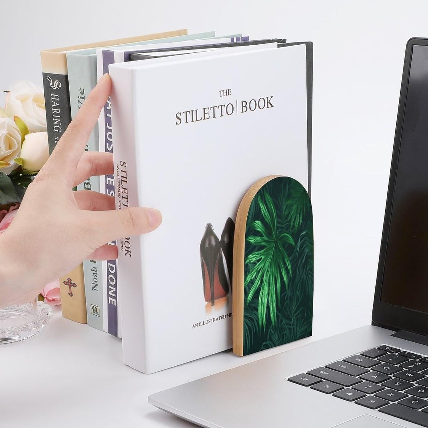 Green Tropical Jungle Plant Bookends 1 Pair Heavy Duty Book Ends for Shelves Non-Skid Bookend Supports Wooden Book Holders with Metal Base Desk Organizers Books Storage to Hold Books