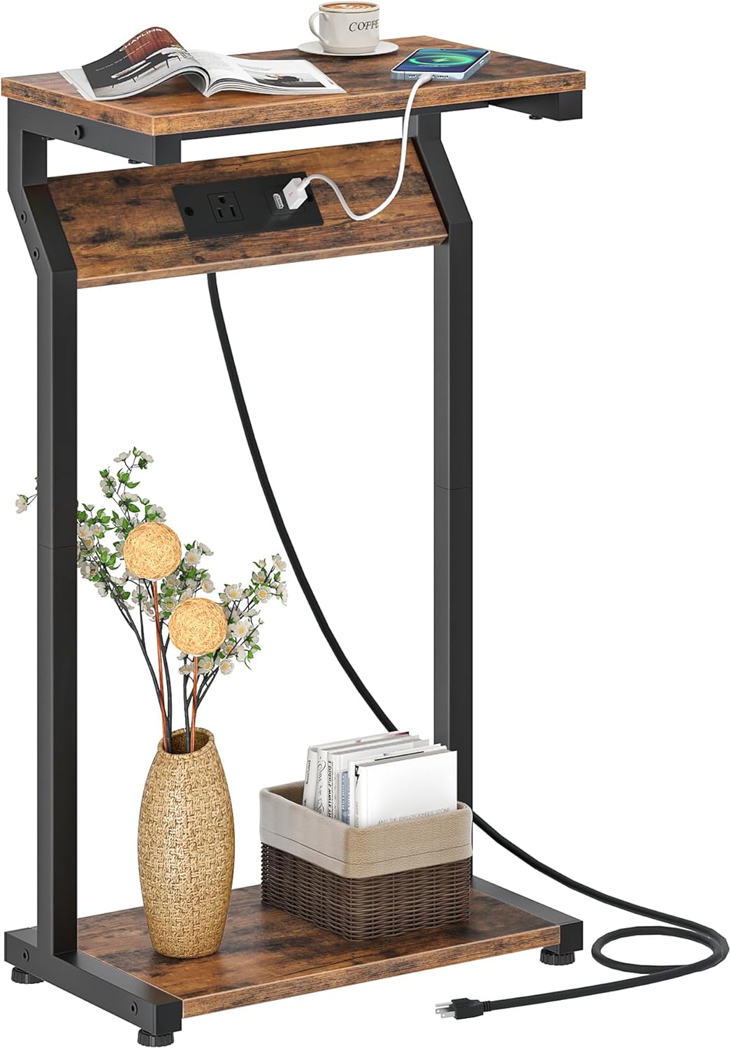 Narrow Side Table with Charging Station, 27" Skinny End Table for Small Spaces, Couch Table with Storage, Slim Tray Table with USB Ports, for Living Room, Bedroom, Rustic Brown TBZ27UBF