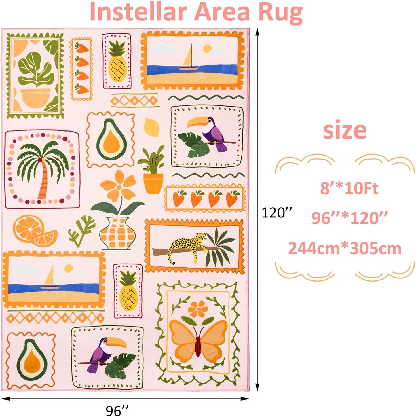 Instellar Kid's Rug for Playroom-8x10 Washable Non Slip Low Pile Area Rug,Cute Animal & Plant Patterns Carpet for Bedroom,Study,Classroom（Light Pink）