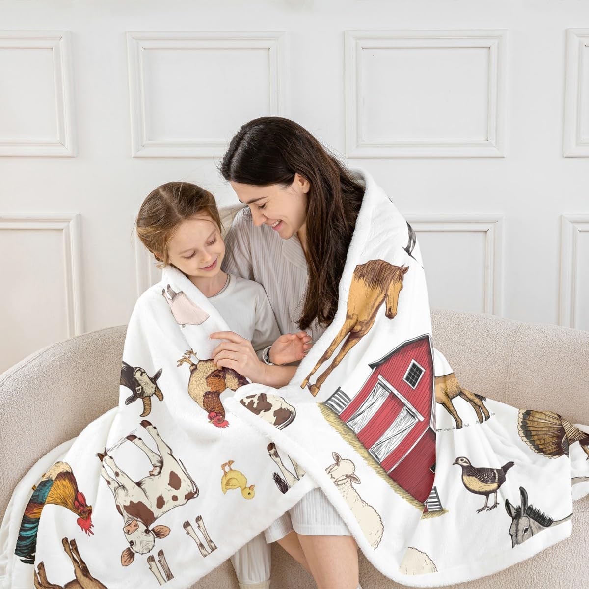 Farm Animals Fleece Blanket - Rustic Farmhouse Throw for Boys & Girls, Horse, Chicken, Rooster, Bull, Cattle, Cow, Sheep, Pig, Duck, Goose - Country Style Fuzzy Blanket, 40"x50" Room Decor