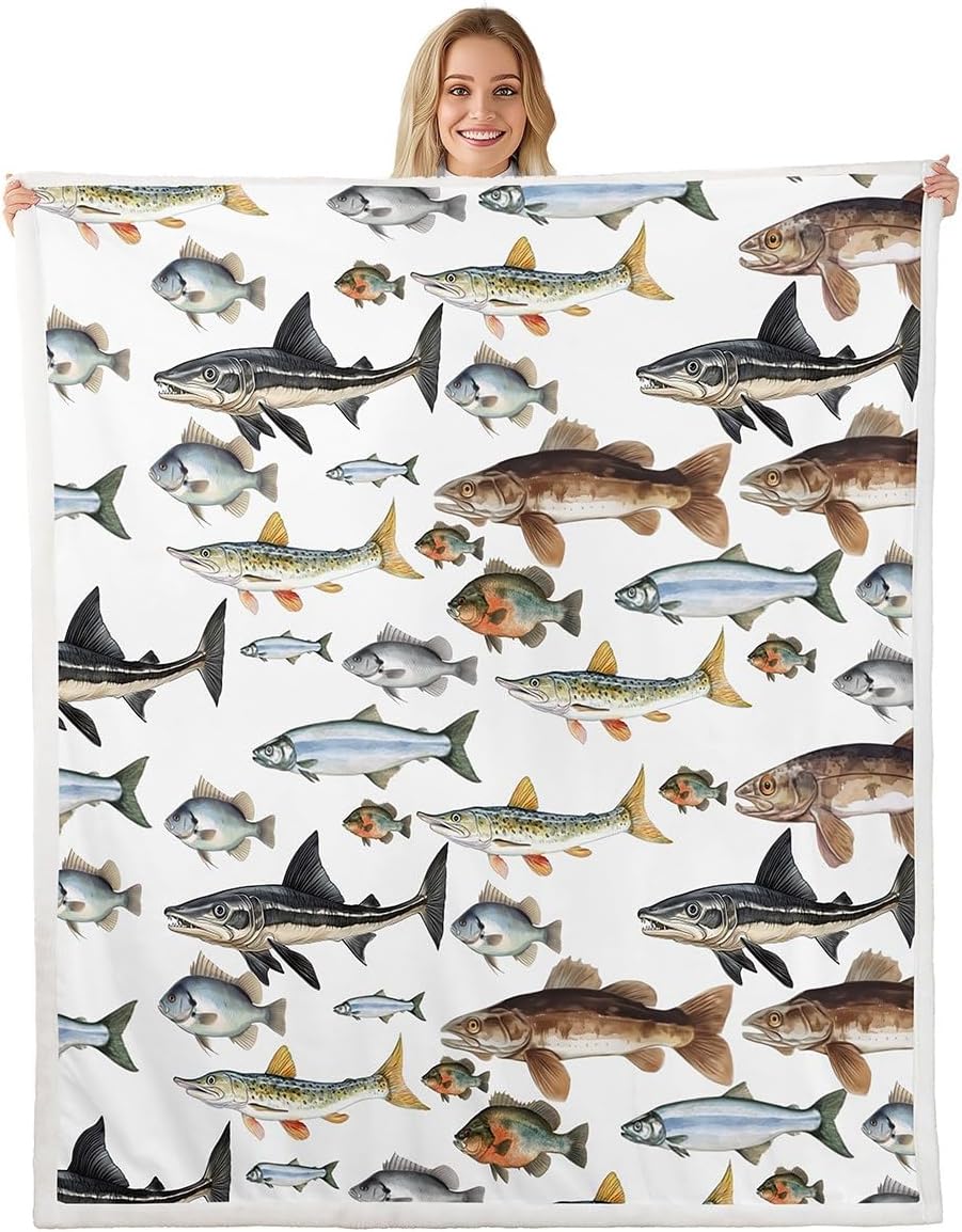 Erosebridal Fishing Fleece Blanket,Freshwater Fish Throw Blanket Twin 60x80 Inch for Bedroom Living Rooms Sofa Couch,Marine Life Fuzzy Blanket,Watercolor Wildlife Sherpa Blanket
