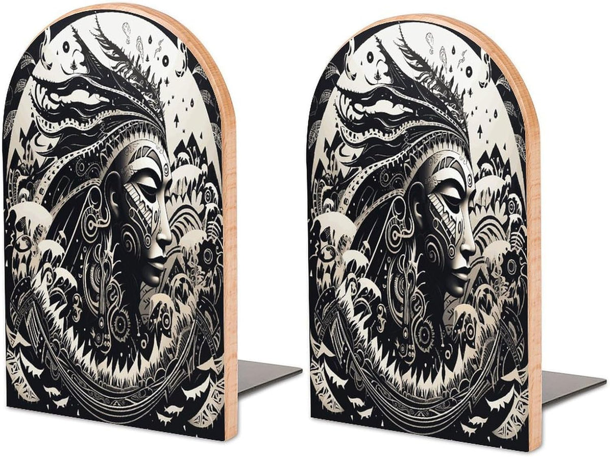 White and Black Tribal Illustration Wooden Bookend Non-Slip Book Ends Heavy Duty Book Stopper with Metal Base Books Holderd Decorative Bookends Stands Firmly for Office Supplies