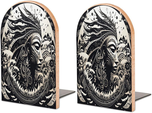 White and Black Tribal Illustration Wooden Bookend Non-Slip Book Ends Heavy Duty Book Stopper with Metal Base Books Holderd Decorative Bookends Stands Firmly for Office Supplies