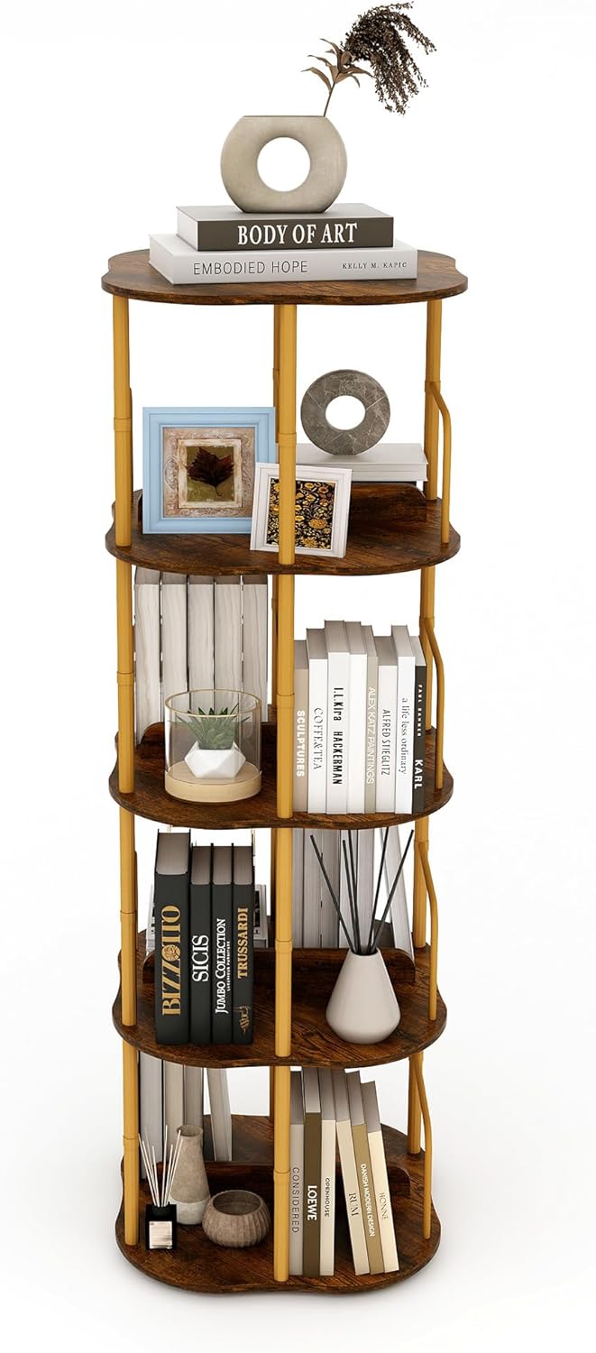 4 Tier Round Shelf, Industrial Freestanding Bookcase with Metal Frame, Rustic Wood Display Storage Rack for Living Room, Bedroom, Office & Small Spaces