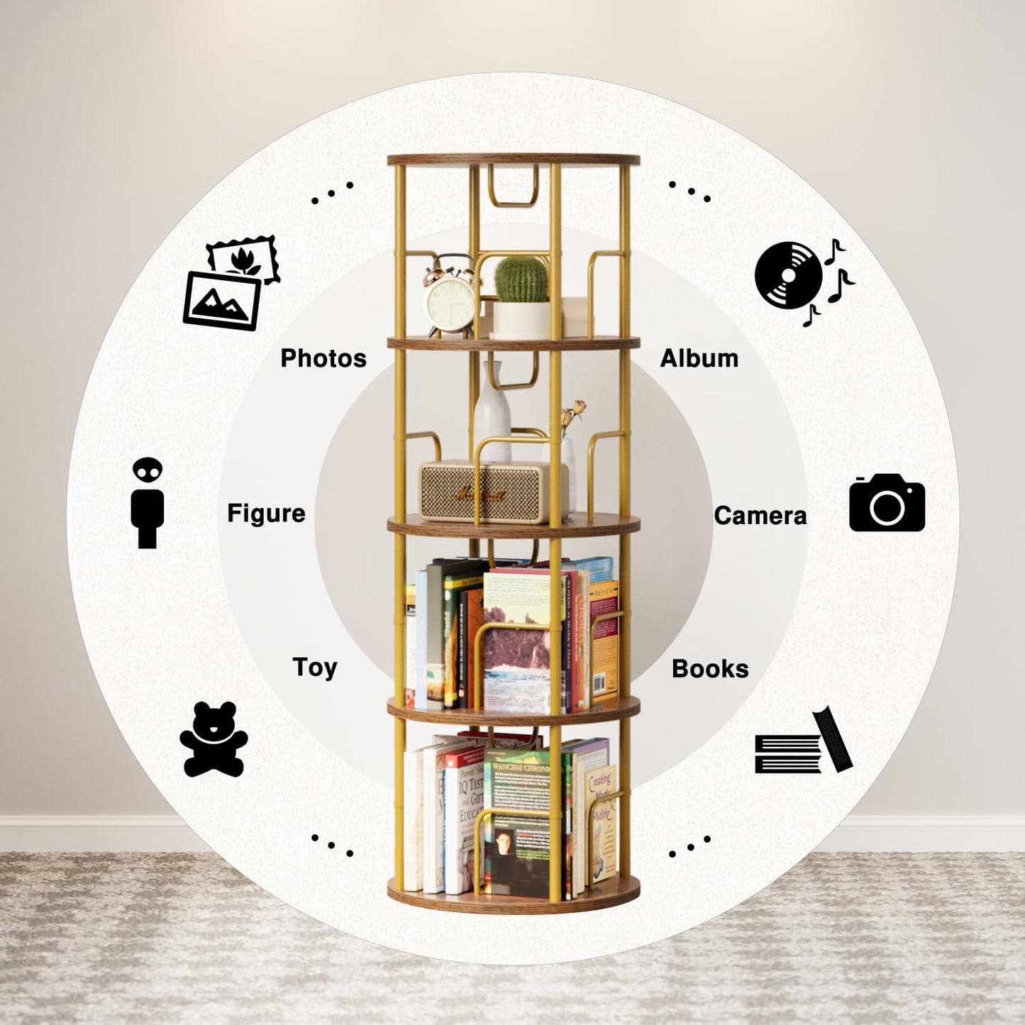 APPOLYN 4 Tier Rotating Bookshelf, 360 Display Spinning Corner Bookshelf, Space Saving Metal Frame Bookcase for Living Room, Office, Bedroom, Gold