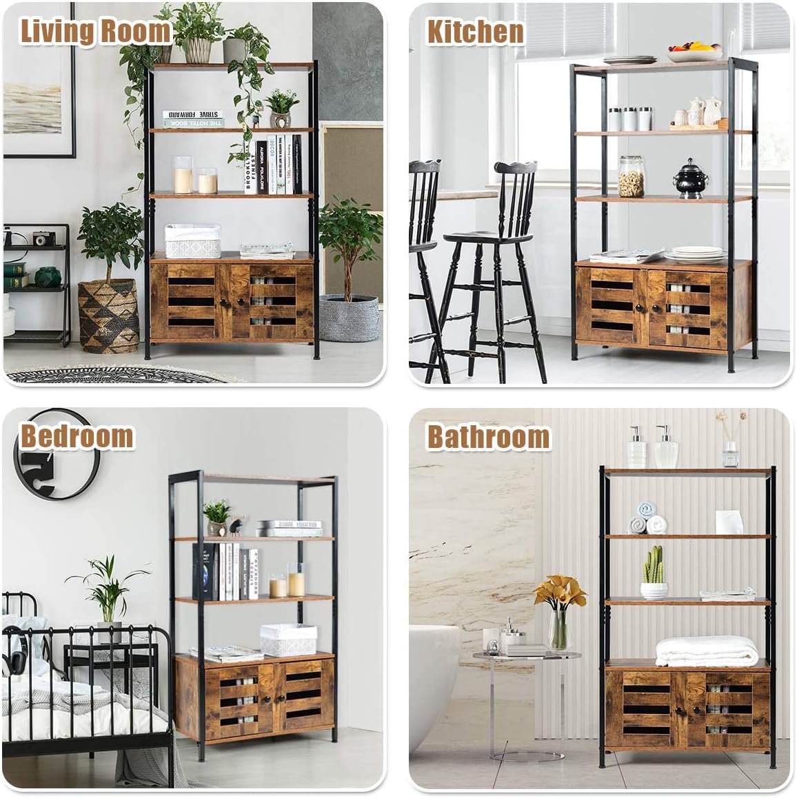 Tangkula Storage Cabinet, Industrial Bookshelf and Bookcase, Freestanding Floor Cabinet with 3 Shelves and 2 Louvered Doors, for Living Room Study Home Office, 27.5 x 12 x 47.5 Inch, Rustic Brown