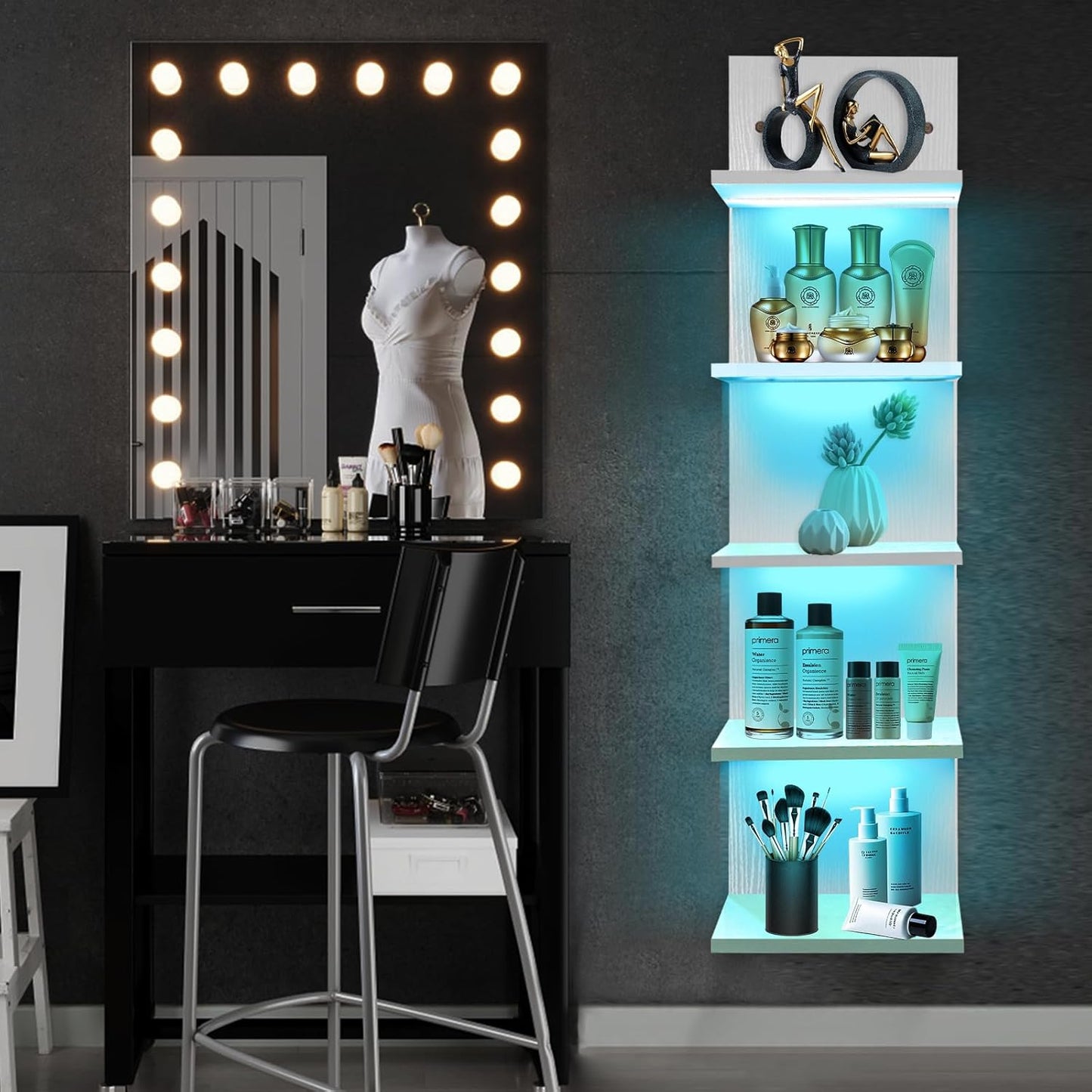 White 5 Tier Display Shelf Case with Lights LED Wall Mount Vertical Lack Shelf Wall Decor RGB Lighting for Bedroom Living Room Gaming Floating Shelves