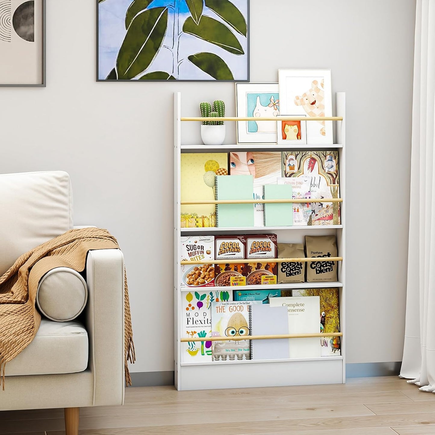 Wall Bookshelf for Kids, Behind The Door Bookshelf White Slim 4 Tier Shelf Hanging Wall Mounted Book Shelf, Kids Bookcase Storage Organizer for Office, Bedroom, Study Living Room
