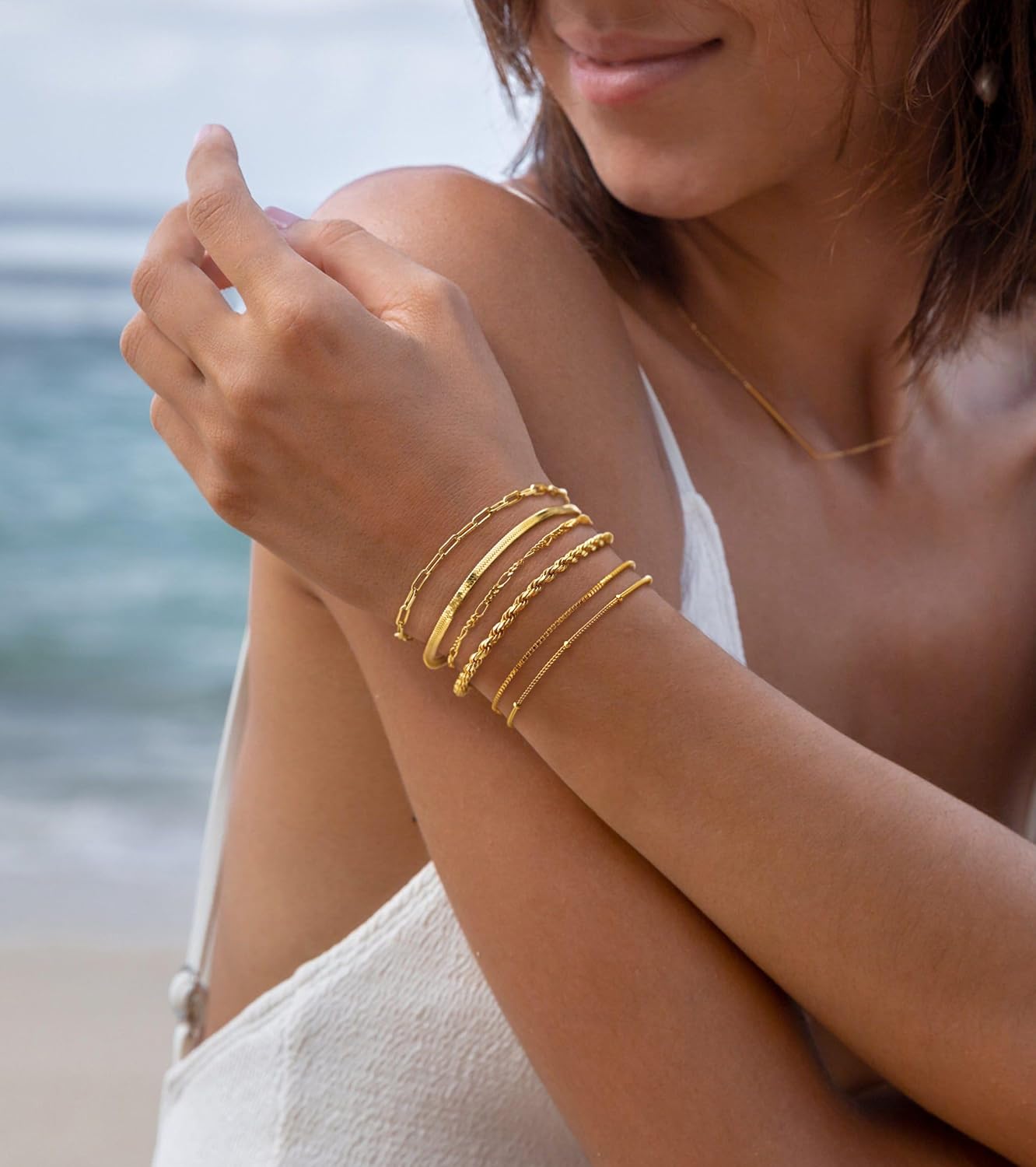 DEARMAY Gold Bracelets for Women Waterproof, 14K Gold Plated Jewelry Sets Trendy Thin Dainty Stackable Cuban Link Paperclip Chain Bracelet Pack Fashion Accessories Gifts for Womens