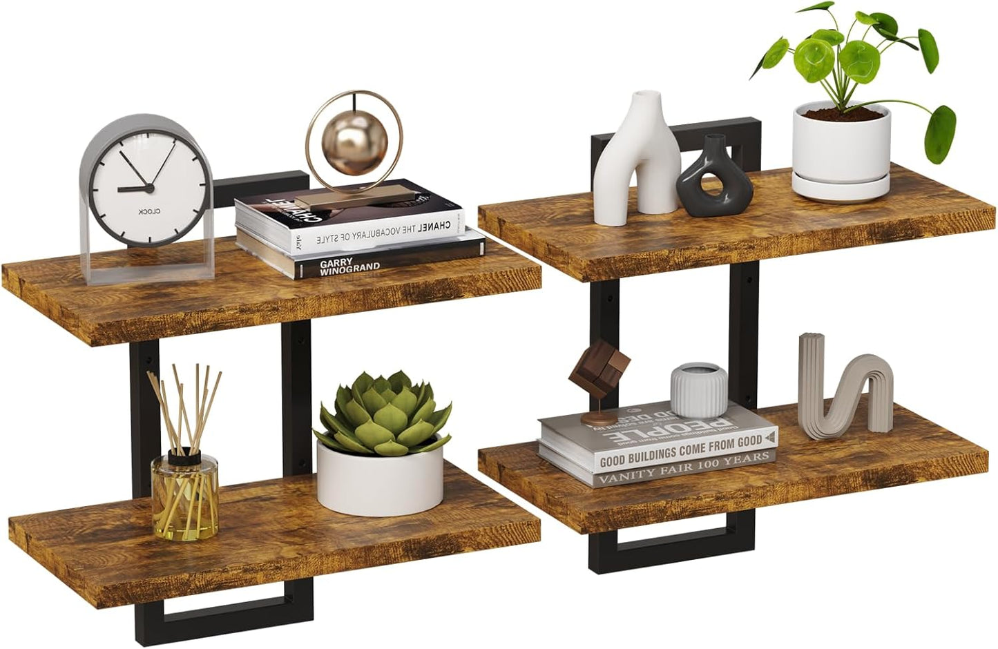 Floating Shelves, Set of 2 Wall Shelves, 2-Tier Wall Mounted Storage Shelves, Adjustable Floor Height, Hanging Bathroom Shelves, for Living Room, Bedroom, Bathroom, Kitchen, Rustic Brown and Black