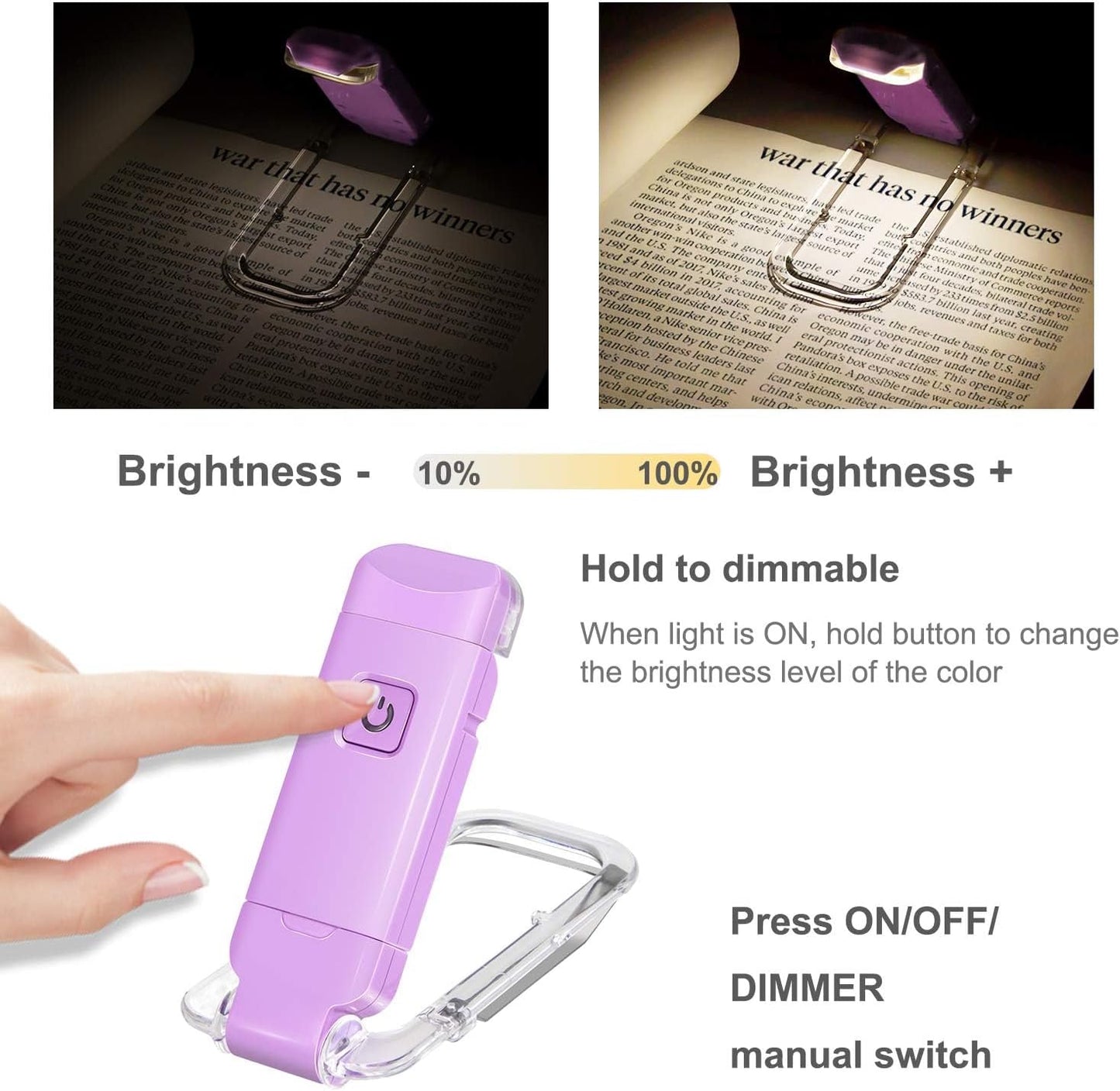 HONWELL Rechargeable Book Light, Clip On LED Reading Lights for Kids Reading in Bed, 3 Brightness Levels Dimmable Bookmark Light for Eye-Protection, Portable Reading Lamp for Bookworms, Travel(Violet)