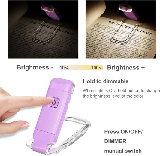 HONWELL Rechargeable Book Light, Clip On LED Reading Lights for Kids Reading in Bed, 3 Brightness Levels Dimmable Bookmark Light for Eye-Protection, Portable Reading Lamp for Bookworms, Travel(Violet)