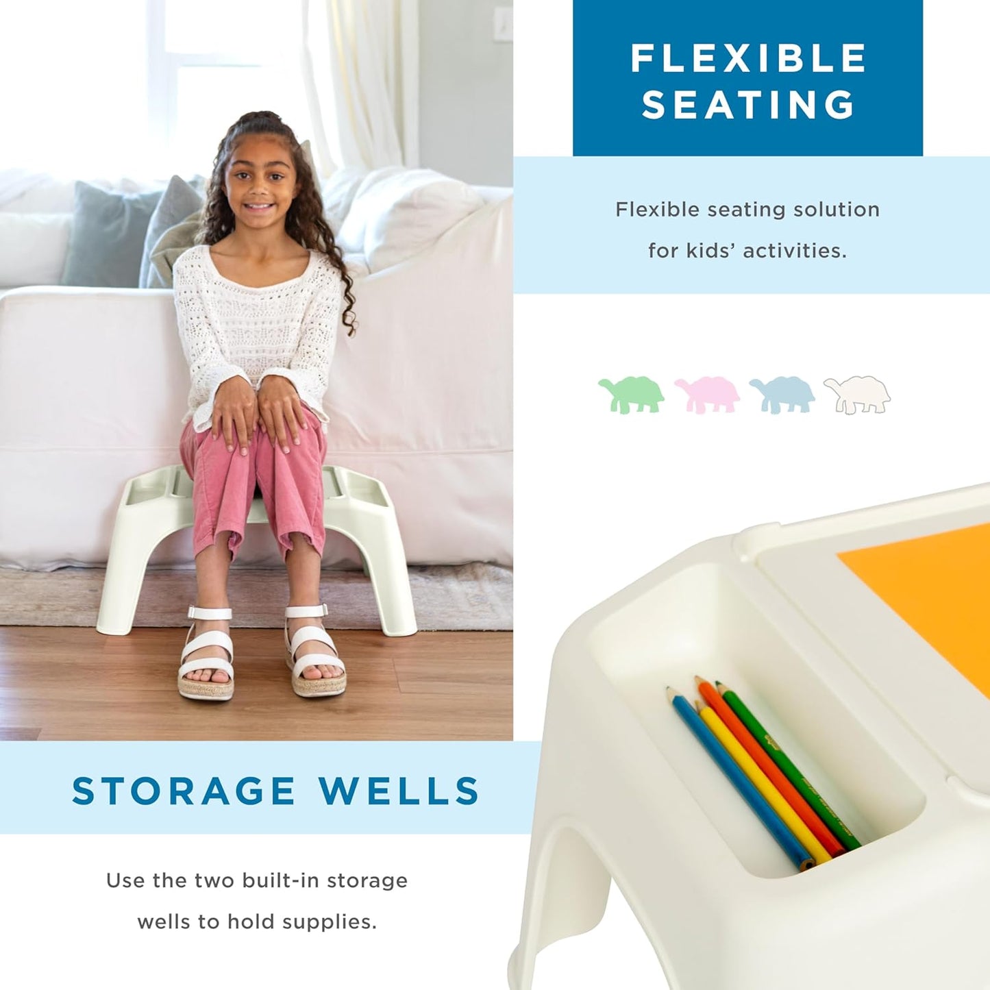 LAPGEAR Turtle Table Kids Flexible Seating Lap Desk Tray with Storage for Snacks, Play, Classroom, and Sensory Activities - Marshmallow White - Style No. 20111