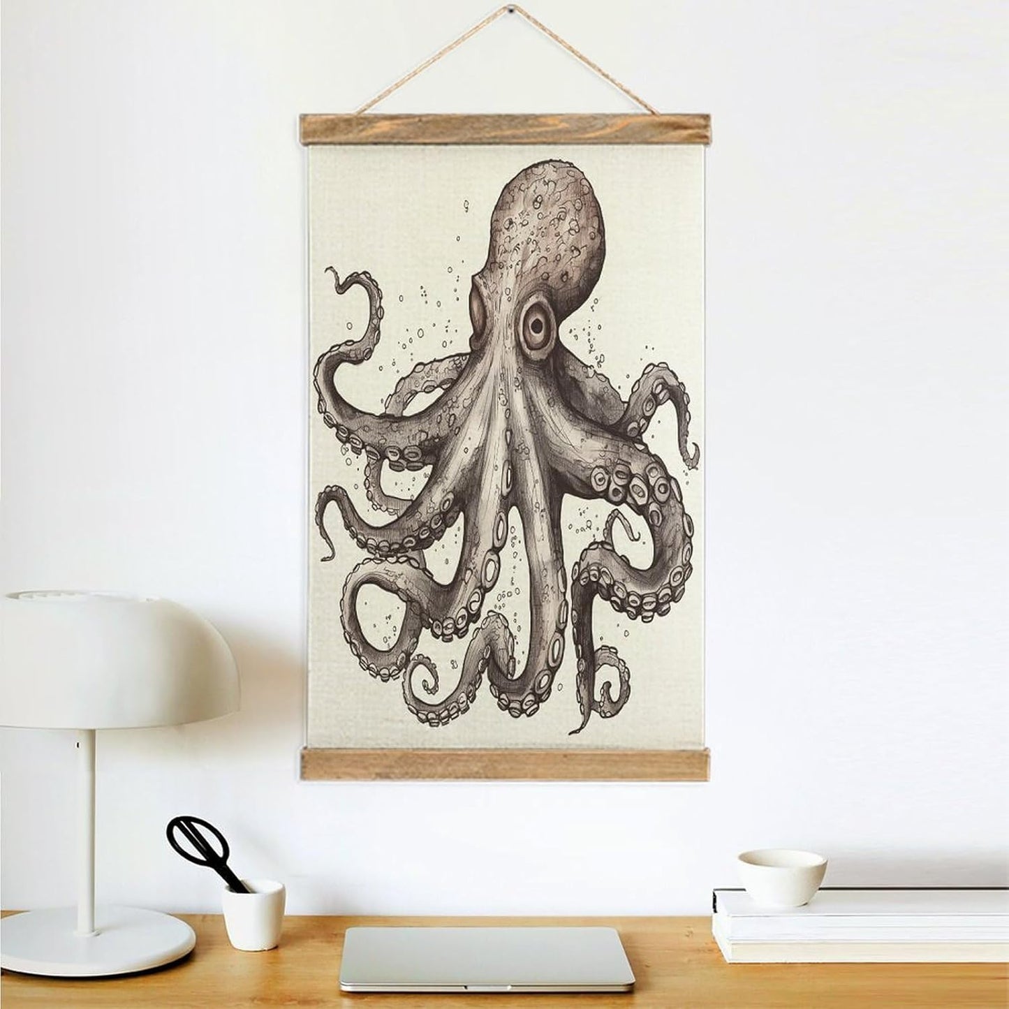 Vintage Octopus Poster with Wooden Frame Personalized Linen Hanging Scroll Painting Rustic Wall Hanging Illustrative Modern Artwork Decor for Home Living Room Bedroom Office
