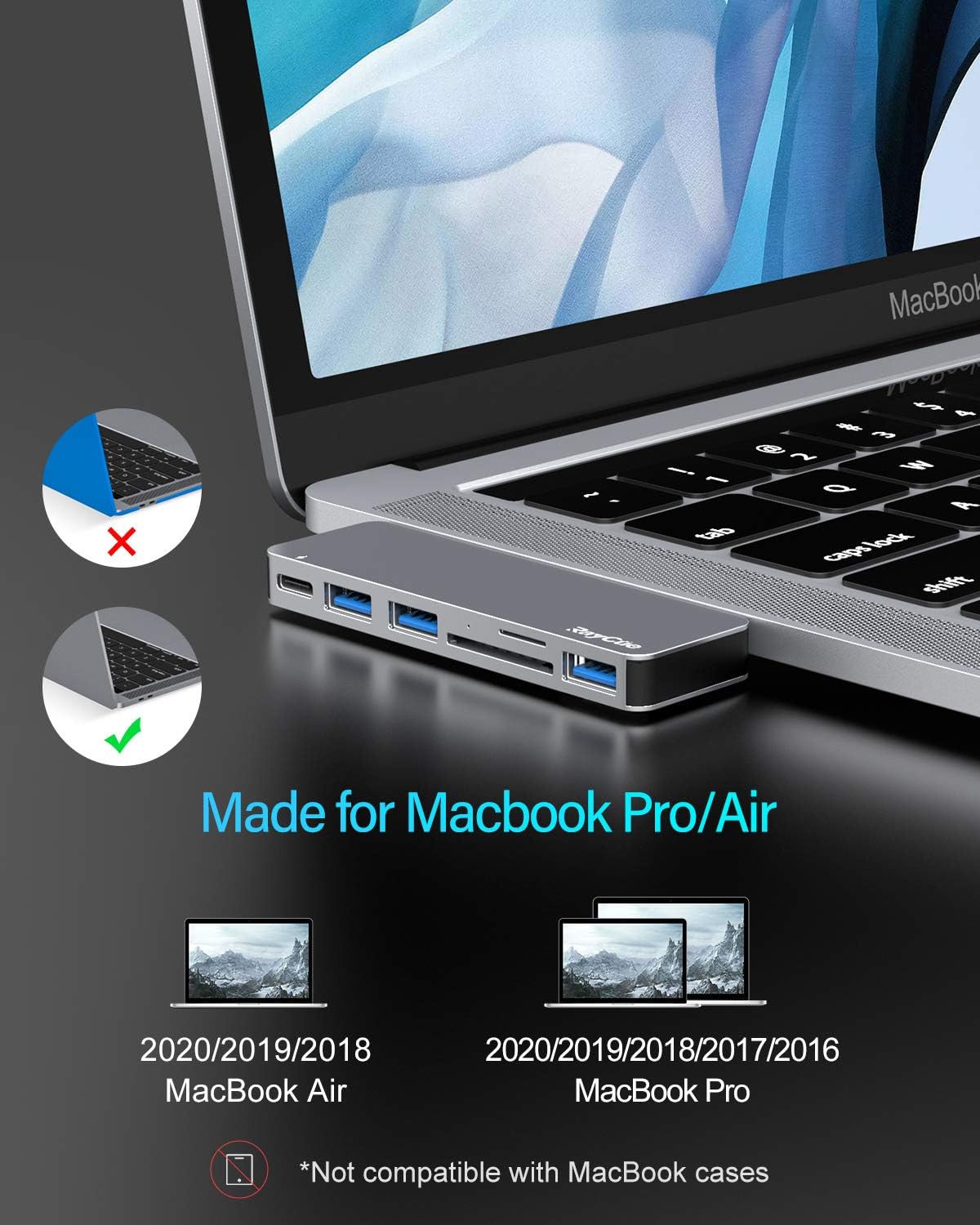 RayCue USB C Adapter for MacBook Pro/MacBook Air M1 M2 M3 2023 2022 2021 13" 15" 16",6 in 1 USB-C Hub MacBook Pro Accessories with 3 USB 3.0 Ports, USB C to SD/TF Card Reader and Thunderbolt 3 PD Port