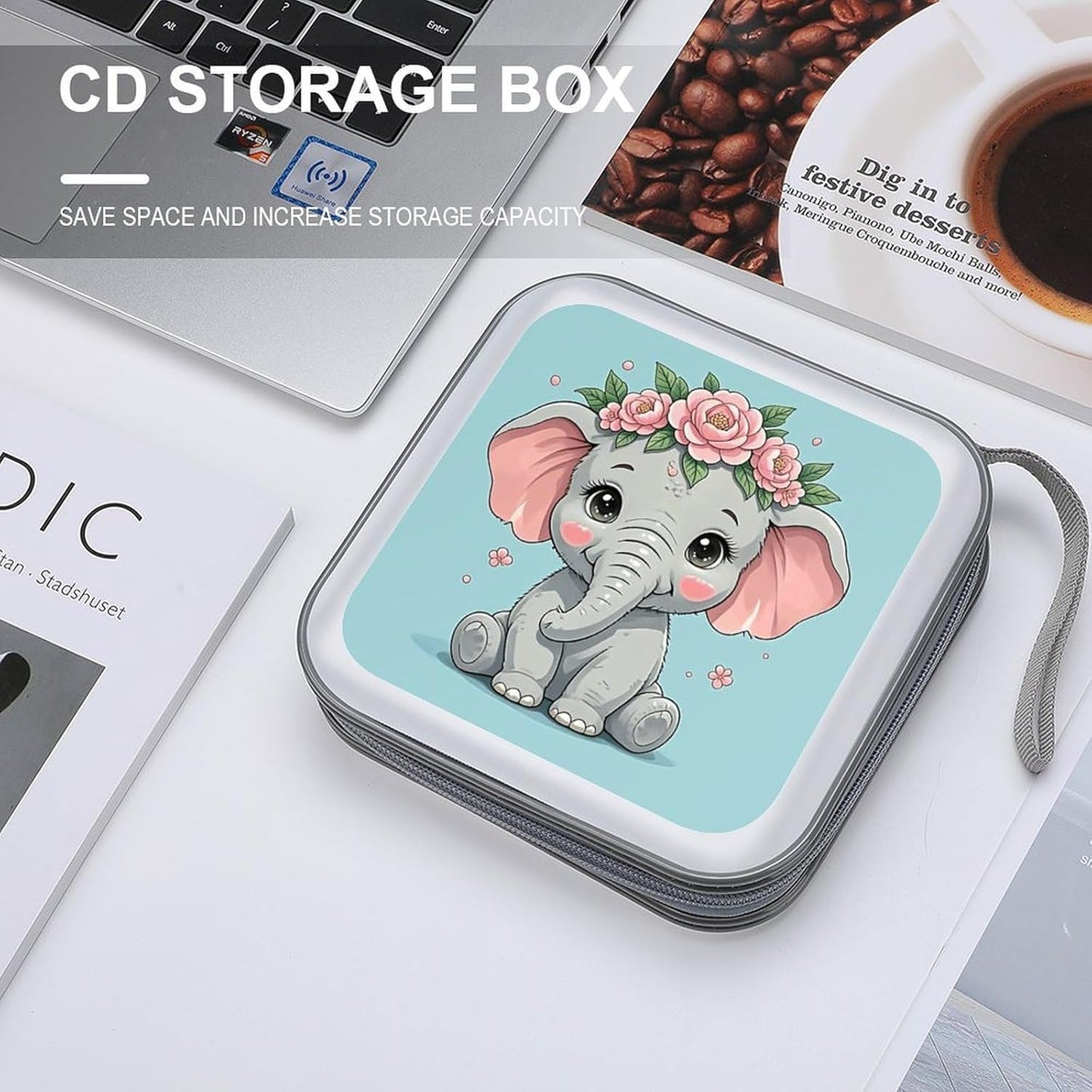 Cute Flower Elephant CD Case Portable Zipper CD Case 40 Capacity Hard Plastic DVD Cases Holder Large Storage Disc Wallet Bag for Car Home Travel DVD Collection Bag