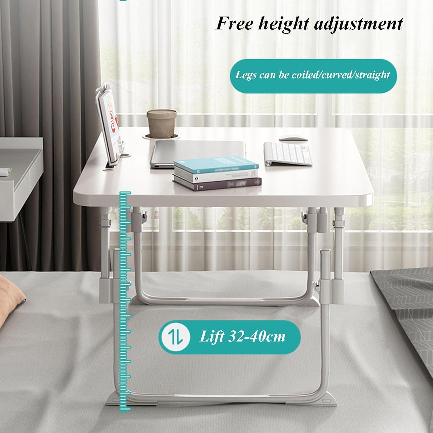 Foldable Movable Overbed Table, Hospital Bed Table with Bookcase, Drawer, Card Slot and Cup Holder, Adjustable Height Over Bed Table for Writing, Eating, Reading and Hobbies