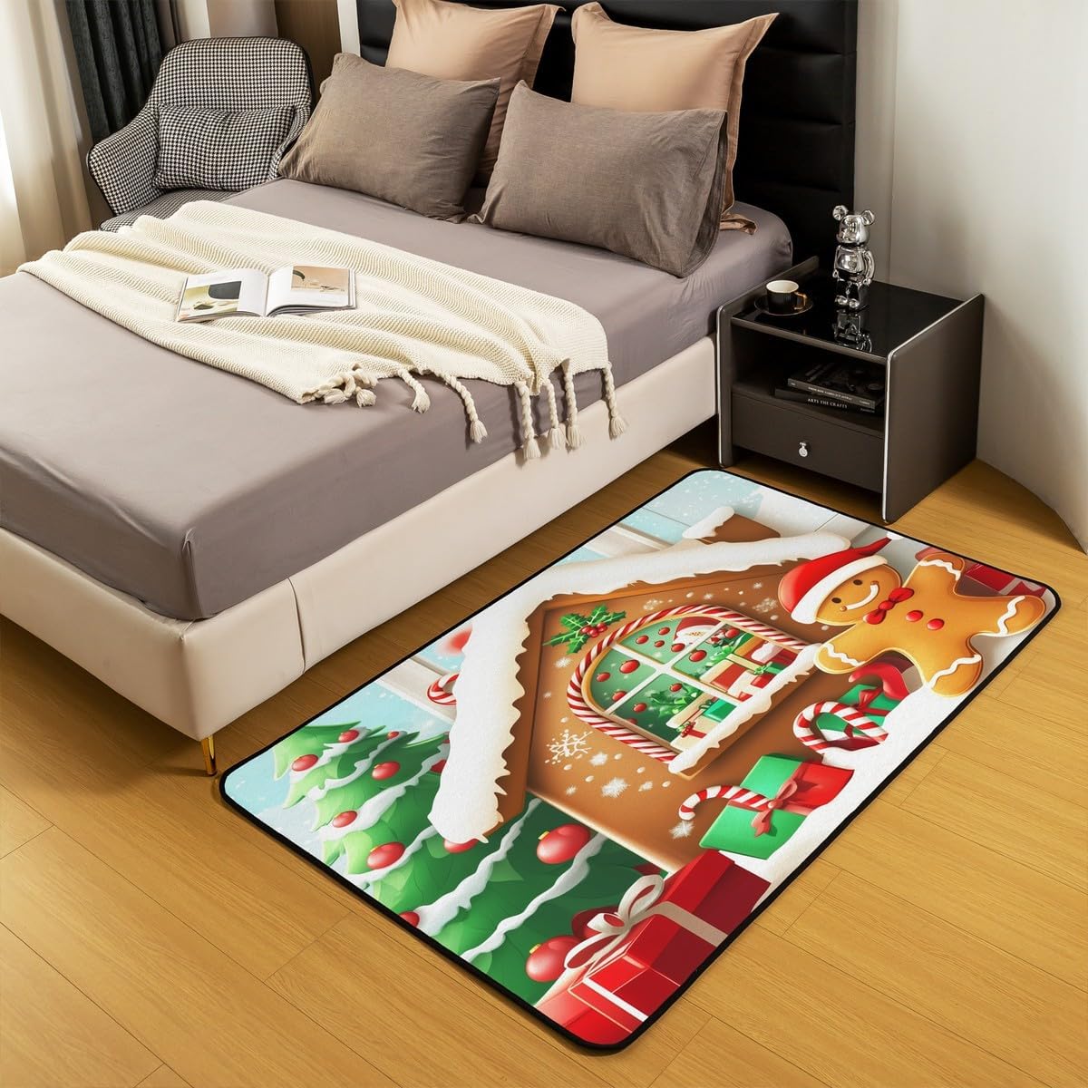 Erosebridal Gingerbread Man Area Rug 4'11" x 3'3" Gingerbread House Living Room Rugs Candy Cane Cute Decorative Carpet Gift Box Holly Berries Indoor Floor Mat