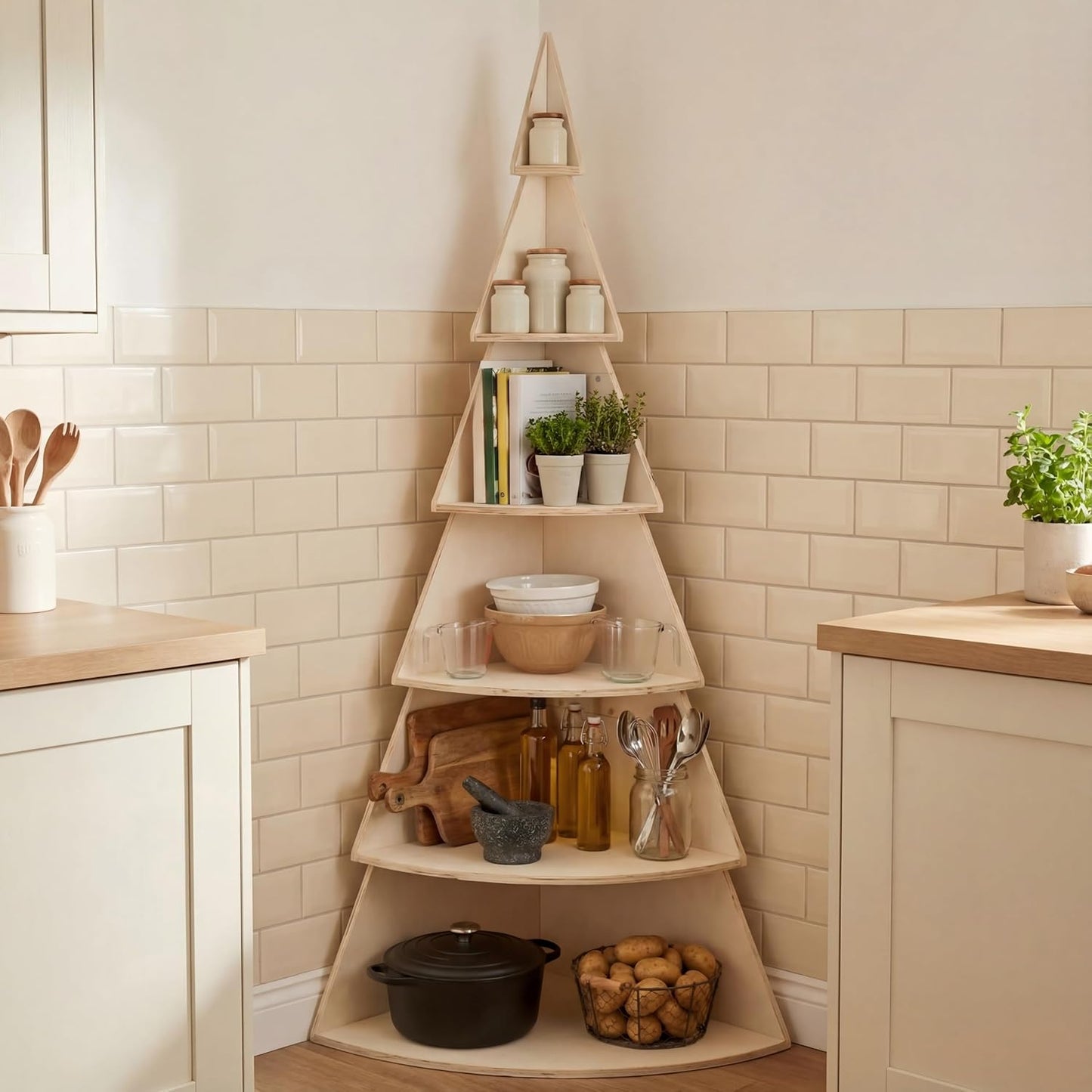 6 Tier 71 Inch Large Wooden Tree Shaped Display Shelf Christmas Village Tree Stand Corner Shelf Wood DIY Corner Bookshelf Space-Saving Storage Rack for Bedroom Living Room Decor