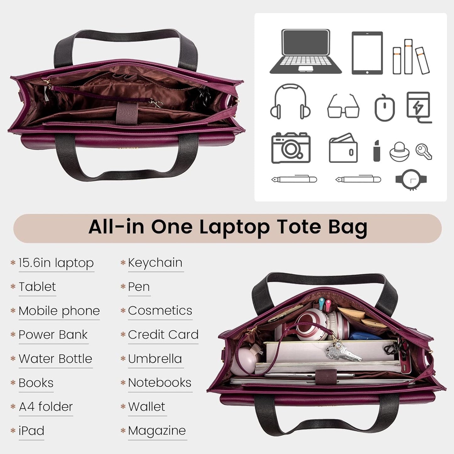 LOVEVOOK Laptop Bag for Women 15.6 Inch Tote Work Professional Leather Computer Briefcase Waterproof Handbag Shoulder Large Capacity Business Teacher Office Crossbody Purse