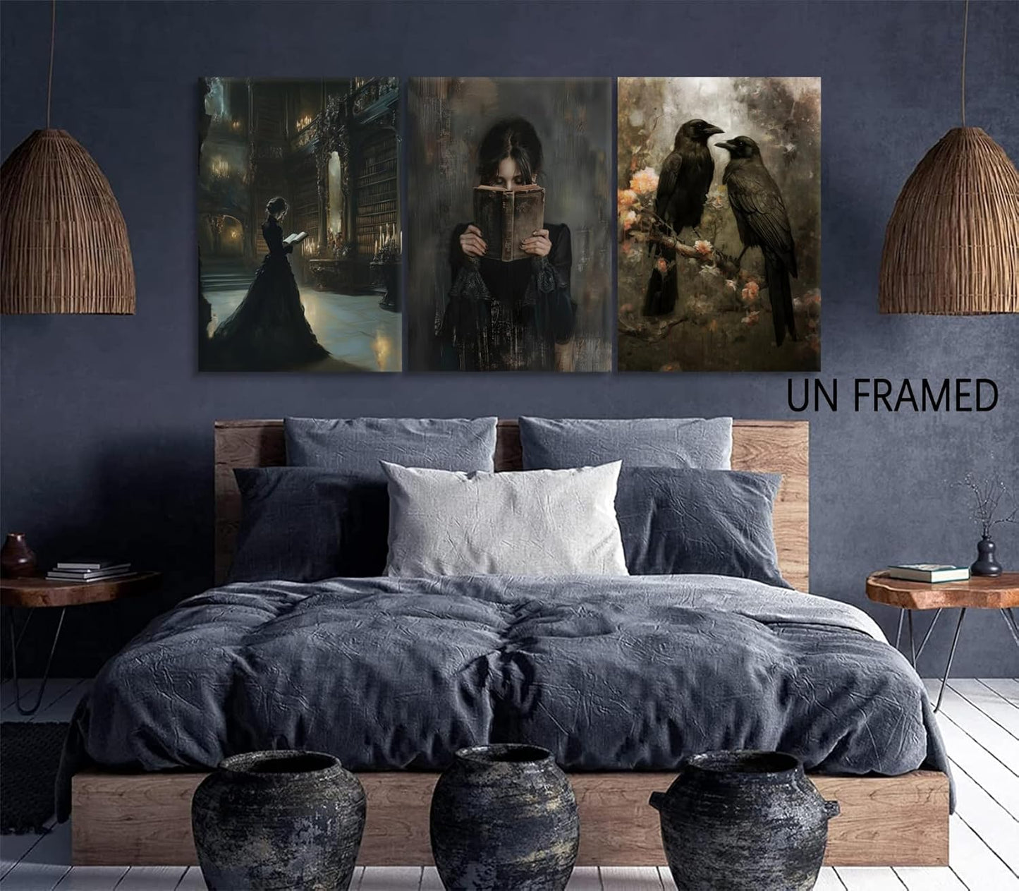 3Pcs Gothic Wall Art Halloween Wall Decor,Dark Academia Library Paintings ,Victorian Woman Reading Vintage Bookish Literary,Raven Couple in Dark Forest for Bathroom Living Room Decor Unframed 16"x24"