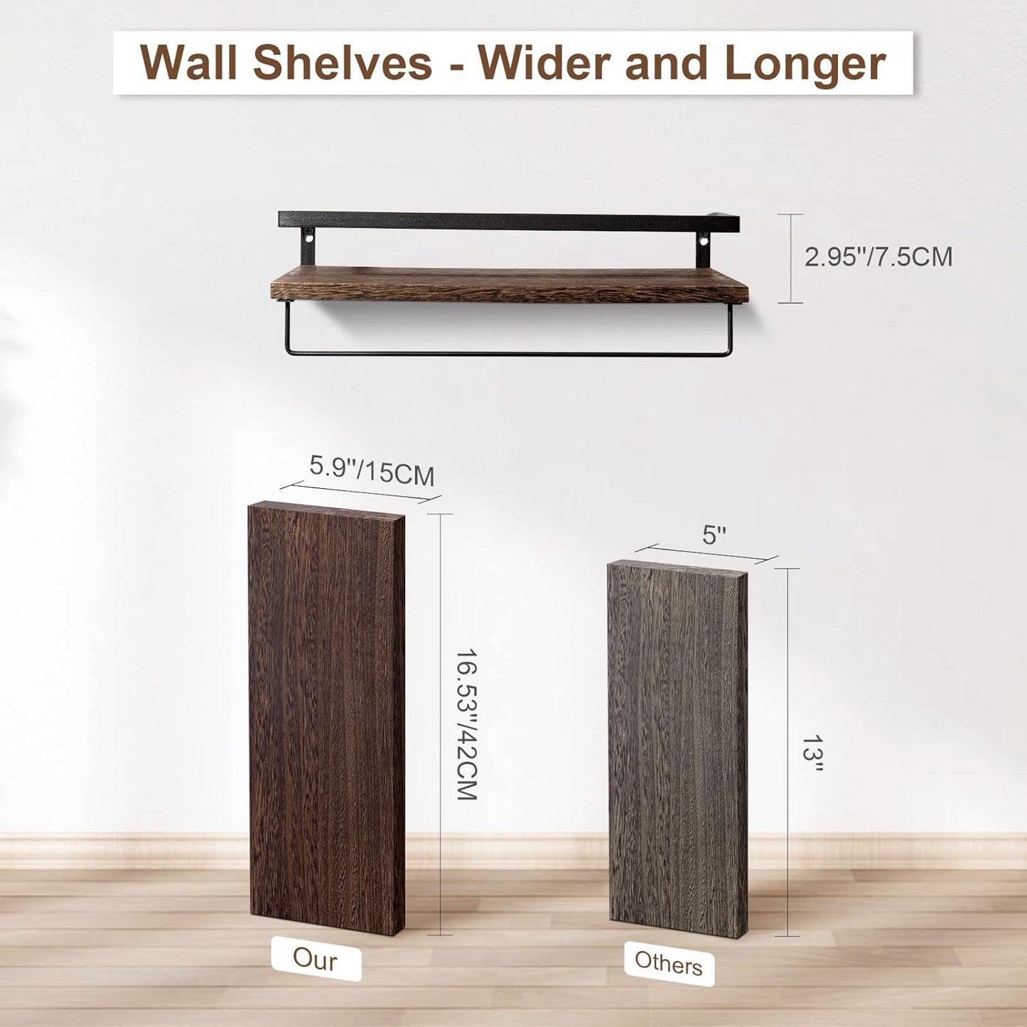 AGM Floating Shelves, 16.5 Bathroom Floating Shelf Set of 2, Carbonized Black Wall Storage Shelf with Towel Bar, Wall Mounted Shelves for Plants, Book, Bedroom, Kitchen, Living Room Decoration