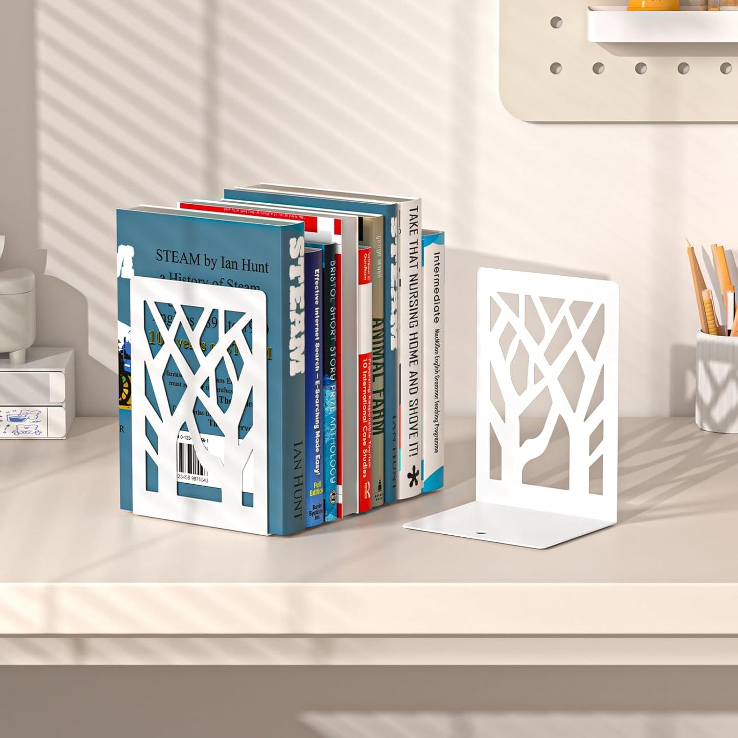 VFINE Withe Bookend 2-Piece, Tree Design Bookends for Shelves, Metal Book Ends for Desk, Decoration Stylish Bookshelf Bookends for Home Office School Supplies