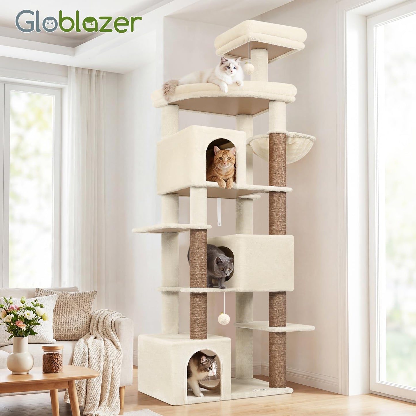 Globlazer Extra Large Cat Tree Tower for Indoor Cats Large Adult, 80in Tall Heavy Duty Cat Tree with 3 Spacious Cat Condos, Oversized Fan-Shaped Perch, 6 Full Sisal Scratching Posts, S80, Beige