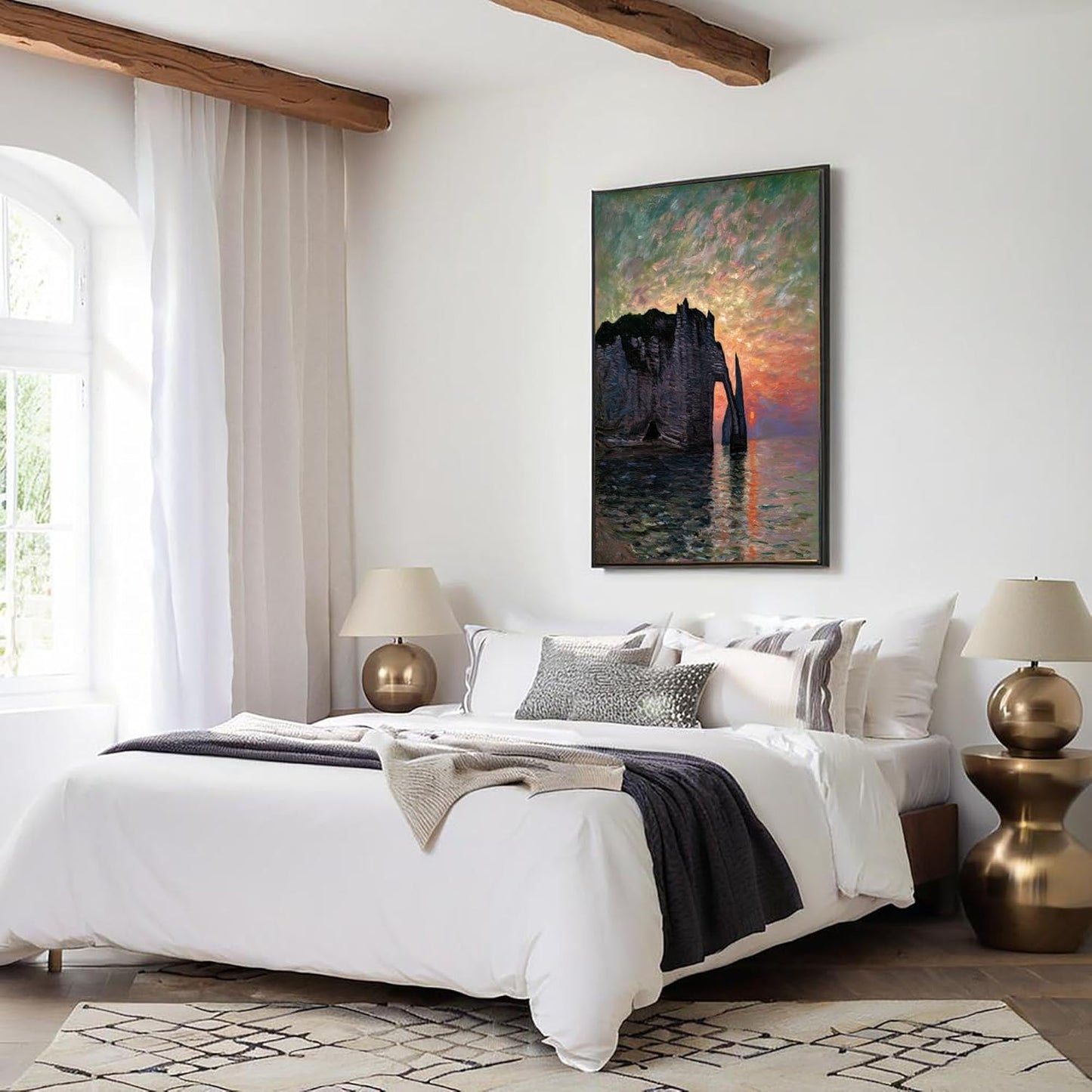 GDJSMIN Etretat Rock Arch Wall Art, Orange Sun Poster for Reading Room Living Room Decor 12x 16 inch Unframed