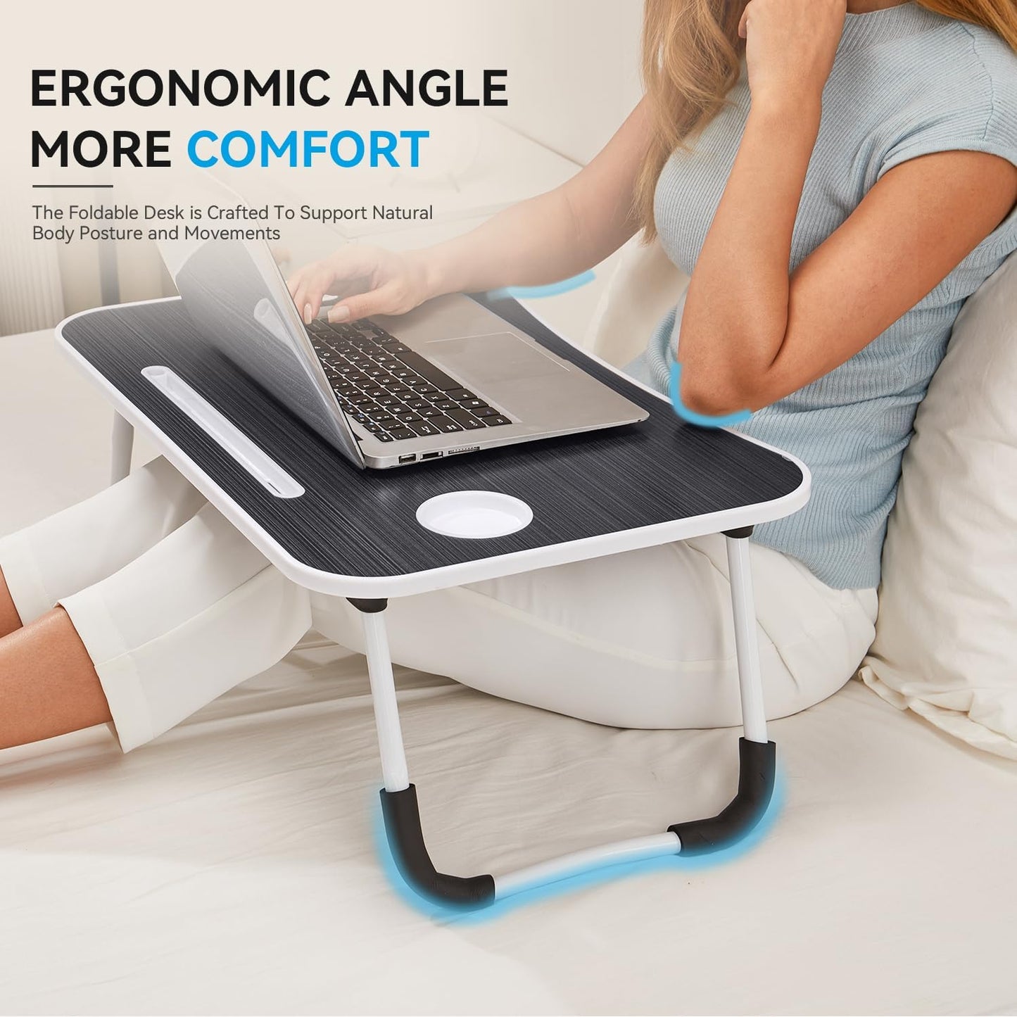 BUYIFY Folding Lap Desk, 23 Inch Portable Wood Black Laptop Bed Desk Lap Desk with Cup Holder, for Working Reading Writing, Eating, Watching Movies for Bed Sofa Couch Floor