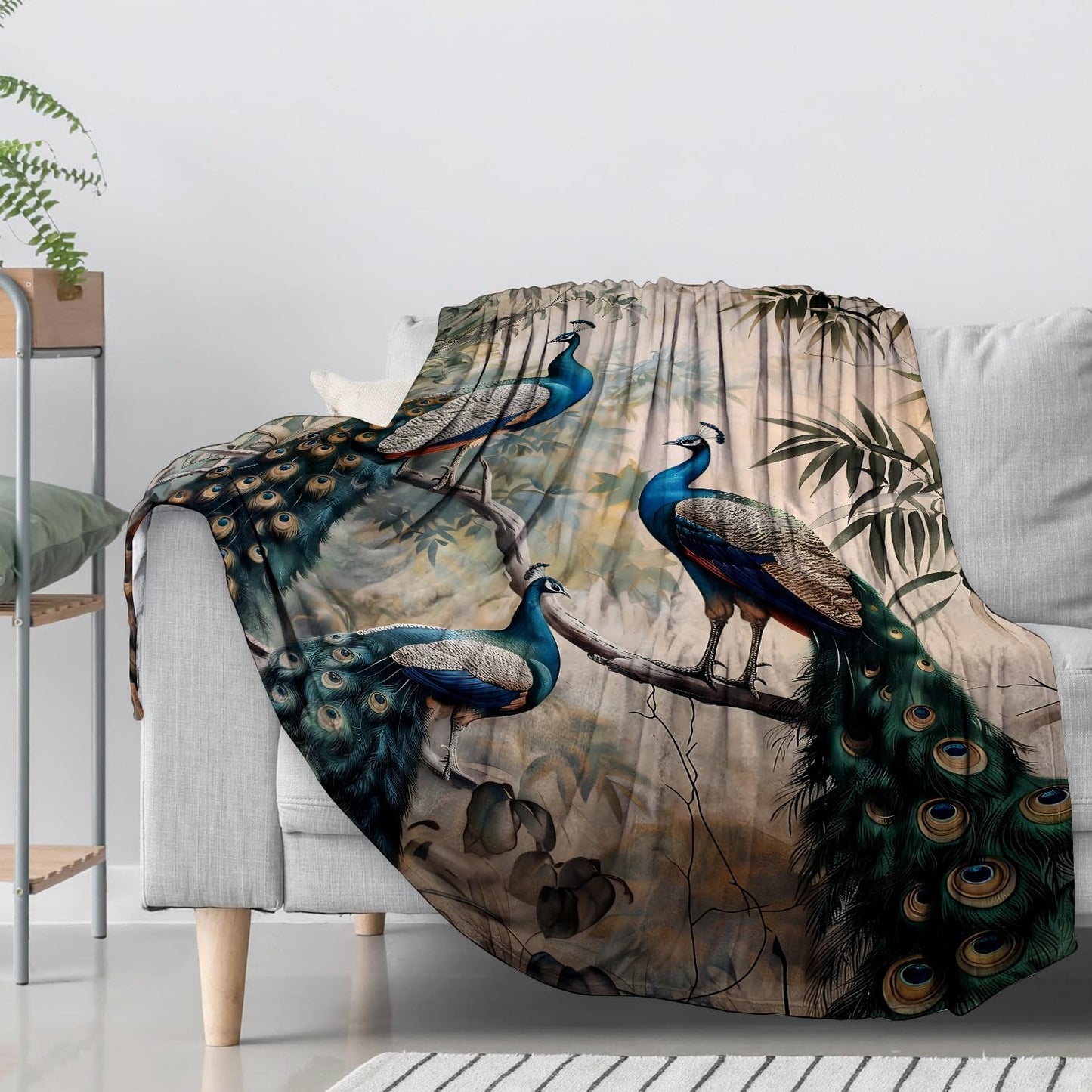 Vintage Peacock Flannel Throw Blanket 50x60 Inch, Elegant Animal Perched on Botanical Branch Blankets Soft Cozy Fleece Throws for Nature Lover Bed Sofa Dorm Living Room Home Decor Gifts