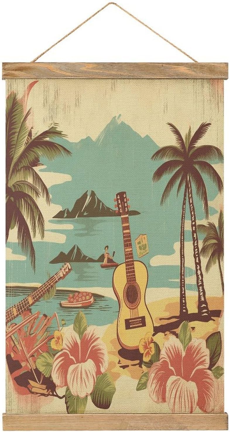 Vintage Vintage Hawaii Poster with Wooden Frame Personalized Linen Hanging Scroll Painting Rustic Wall Hanging Illustrative Modern Artwork Decor for Home Living Room Bedroom Office