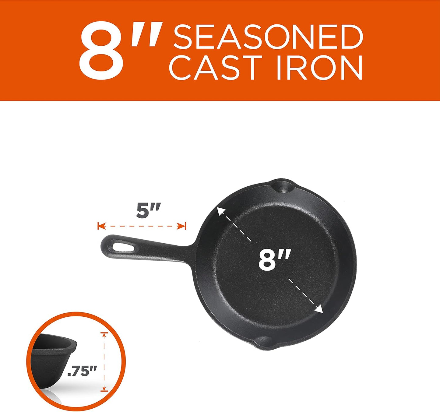 Commercial CHEF 3-Piece Cast Iron Skillet Set – 8 inch, 10 inch, and 12 inch - Pre-seasoned Cast Iron Cookware
