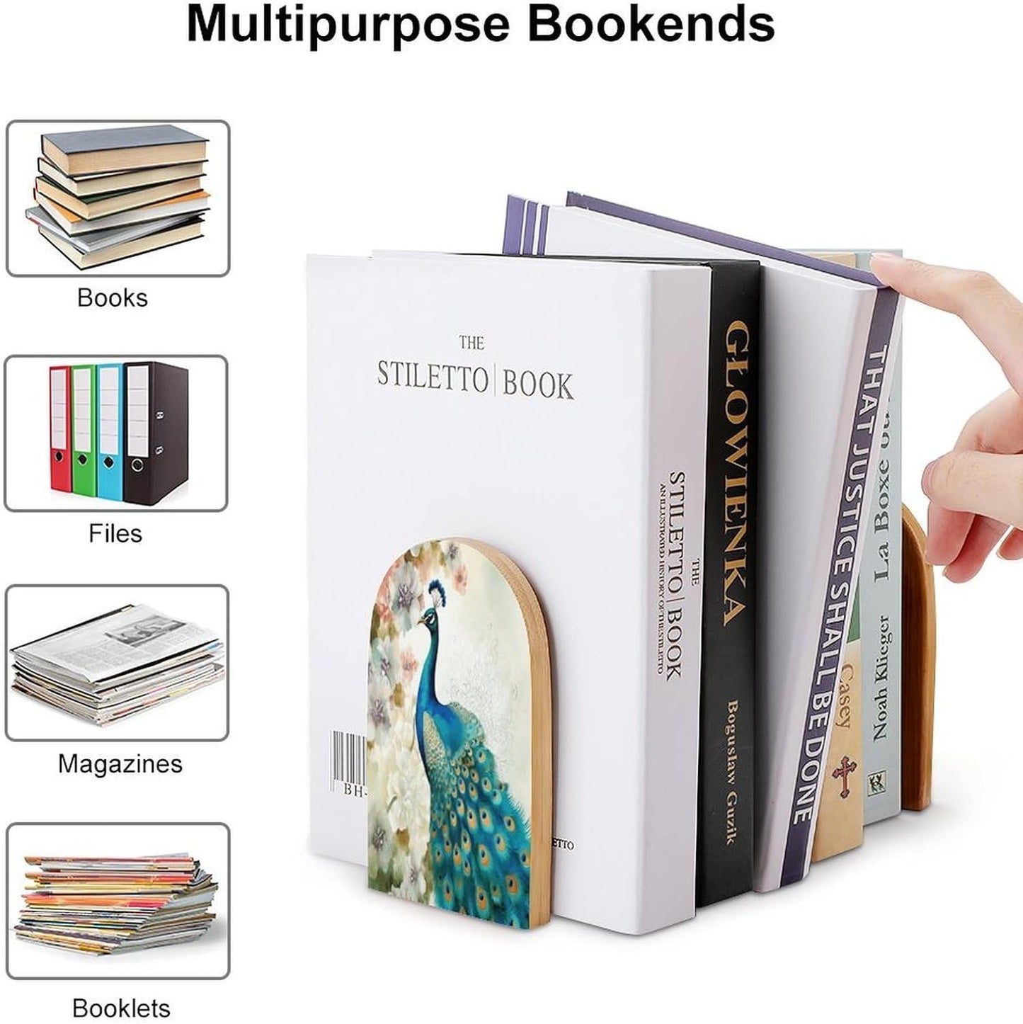 Beautiful Peacock and Floral Bookends 1 Pair Heavy Duty Book Ends for Shelves Non-Skid Bookend Supports Wooden Book Holders with Metal Base Desk Organizers Books Storage to Hold Books