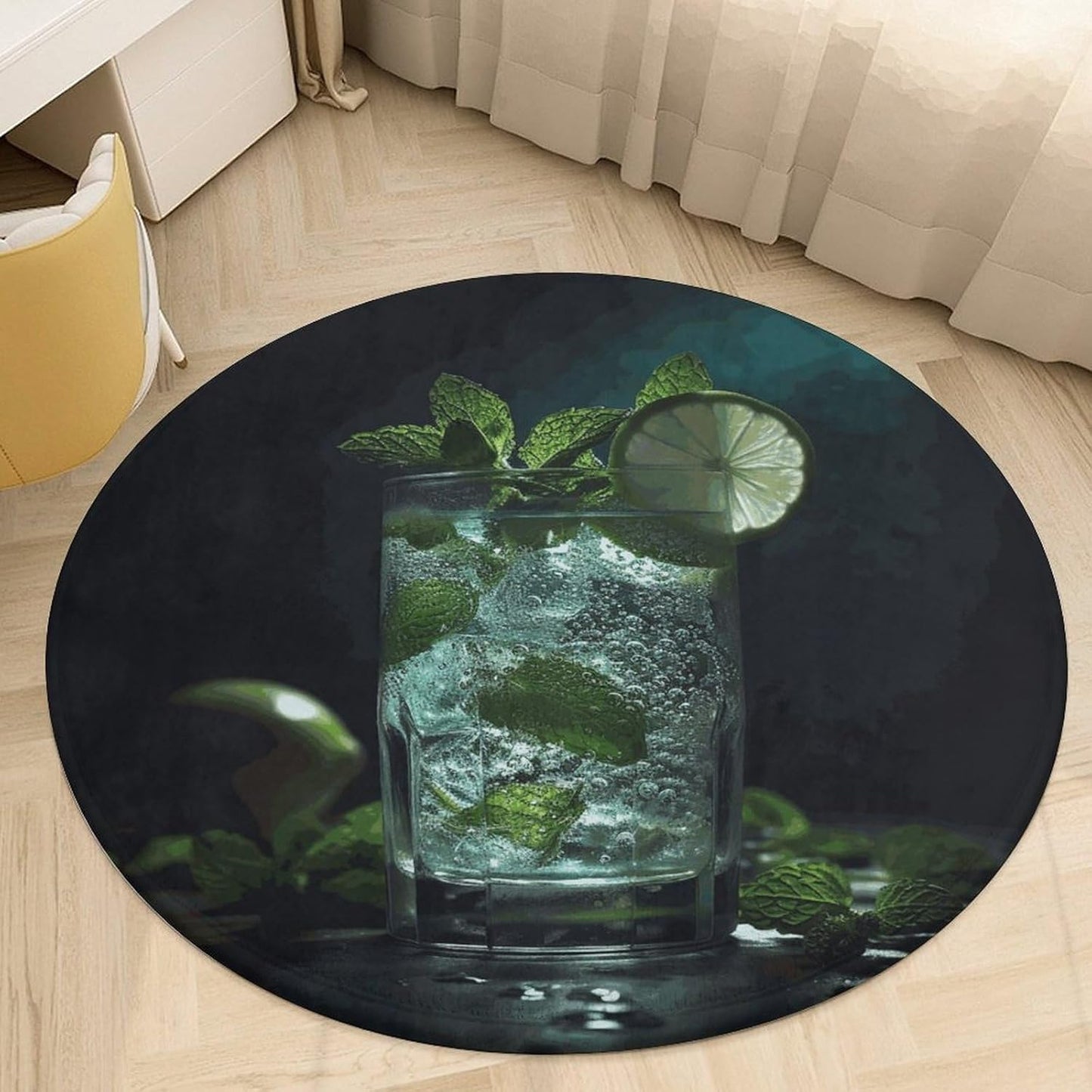 Mojito Cocktail Circle Rug Retro Luxury Coral Velvet Floor Mat Non Slip Soft Indoor Floor Carpet Comfy Thickened Area Rugs Modern Aesthetic Minimalist Carpets for Home Decor