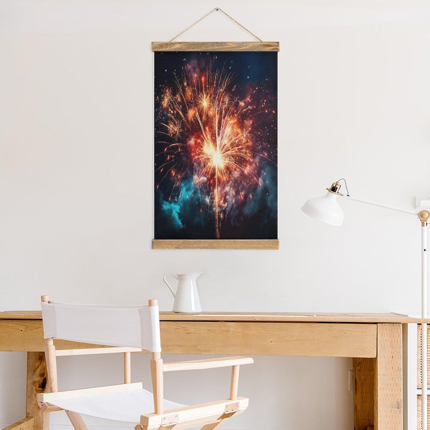 Vintage Explosion Firework Poster with Wooden Frame Personalized Linen Hanging Scroll Painting Rustic Wall Hanging Illustrative Modern Artwork Decor for Home Living Room Bedroom Office