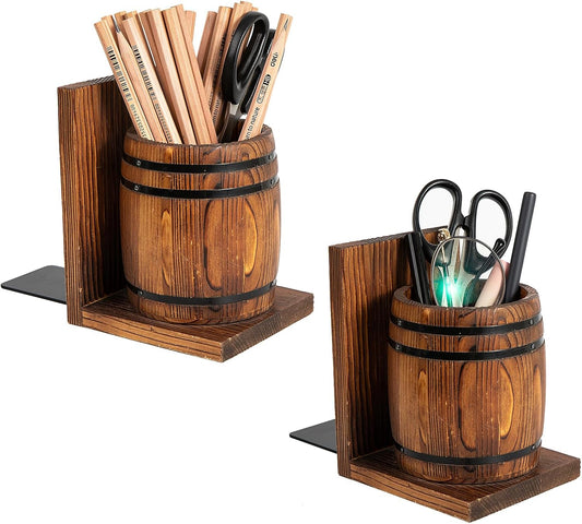Rustic Torched Brown Wooden Bookends Set of 2 Wine Barrel Pen & Pencil Holders Accessories Containers L-Shaped Book Stoppers Desk Shelf Vintage Desktop Wood Organizer Home Office Library Study