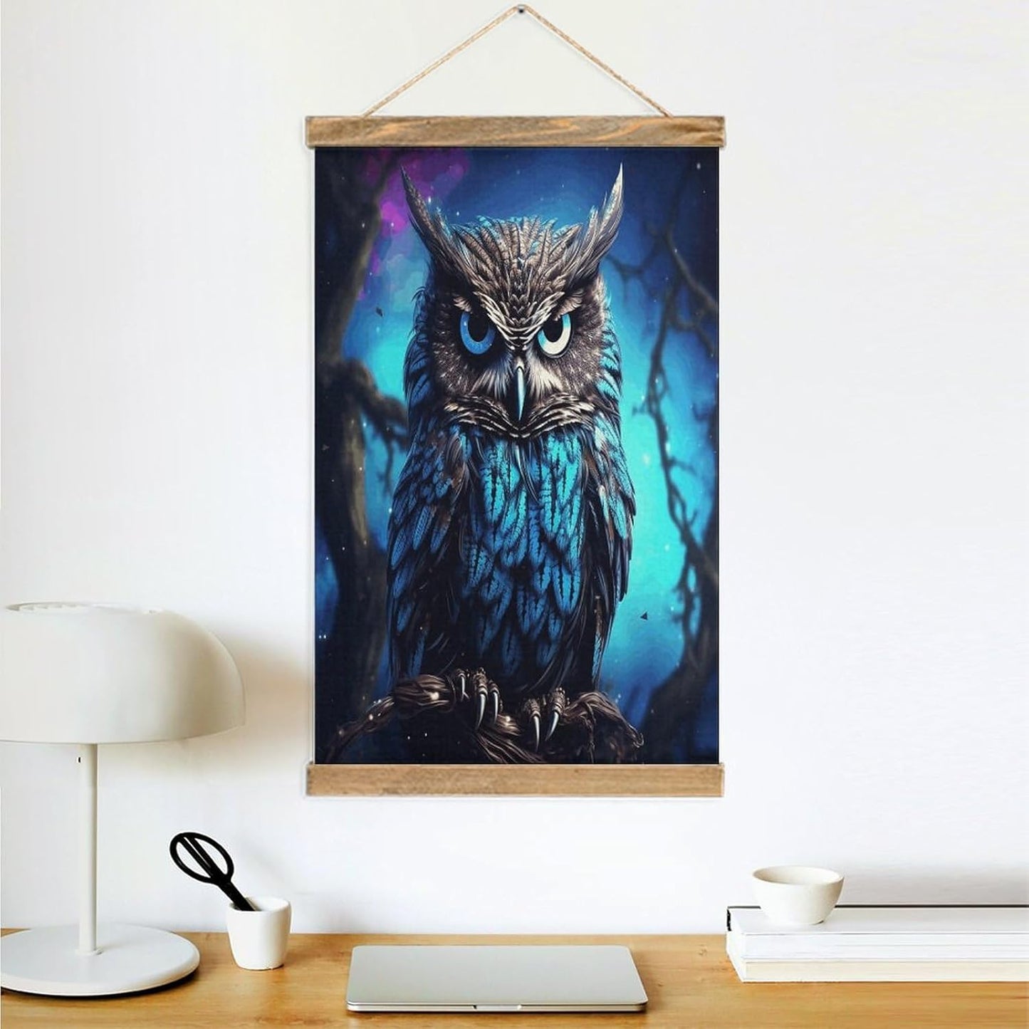 Vintage Blue Owl Poster with Wooden Frame Personalized Linen Hanging Scroll Painting Rustic Wall Hanging Illustrative Modern Artwork Decor for Home Living Room Bedroom Office