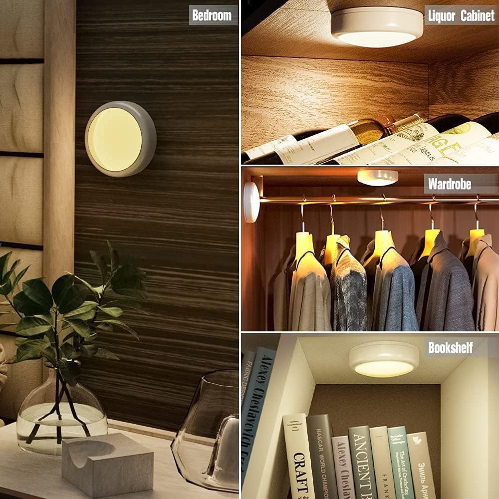 HELPLEX LED Puck Lights with Remote, 6 Pack Color Changing RGBW Stick-On Light, Battery Powered, Dimmable Under Cabinet Lighting with Timer & Memory, Wireless Push Lights for Kitchen & Closet