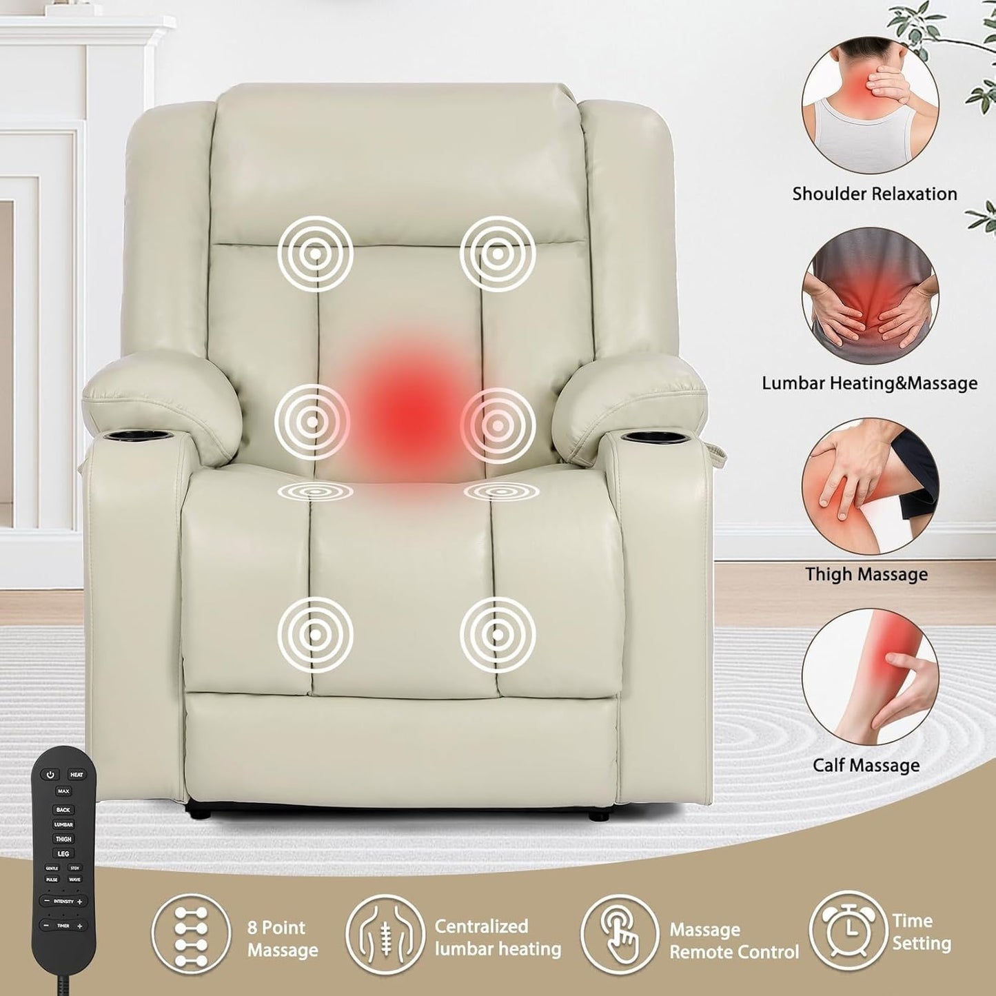 Large Breathable Leather Electric Power Lift Recliner Chair for Seniors Ergonomic Massage Recliner with Heat USB Port Cup Holders Side Pockets Single Sofa